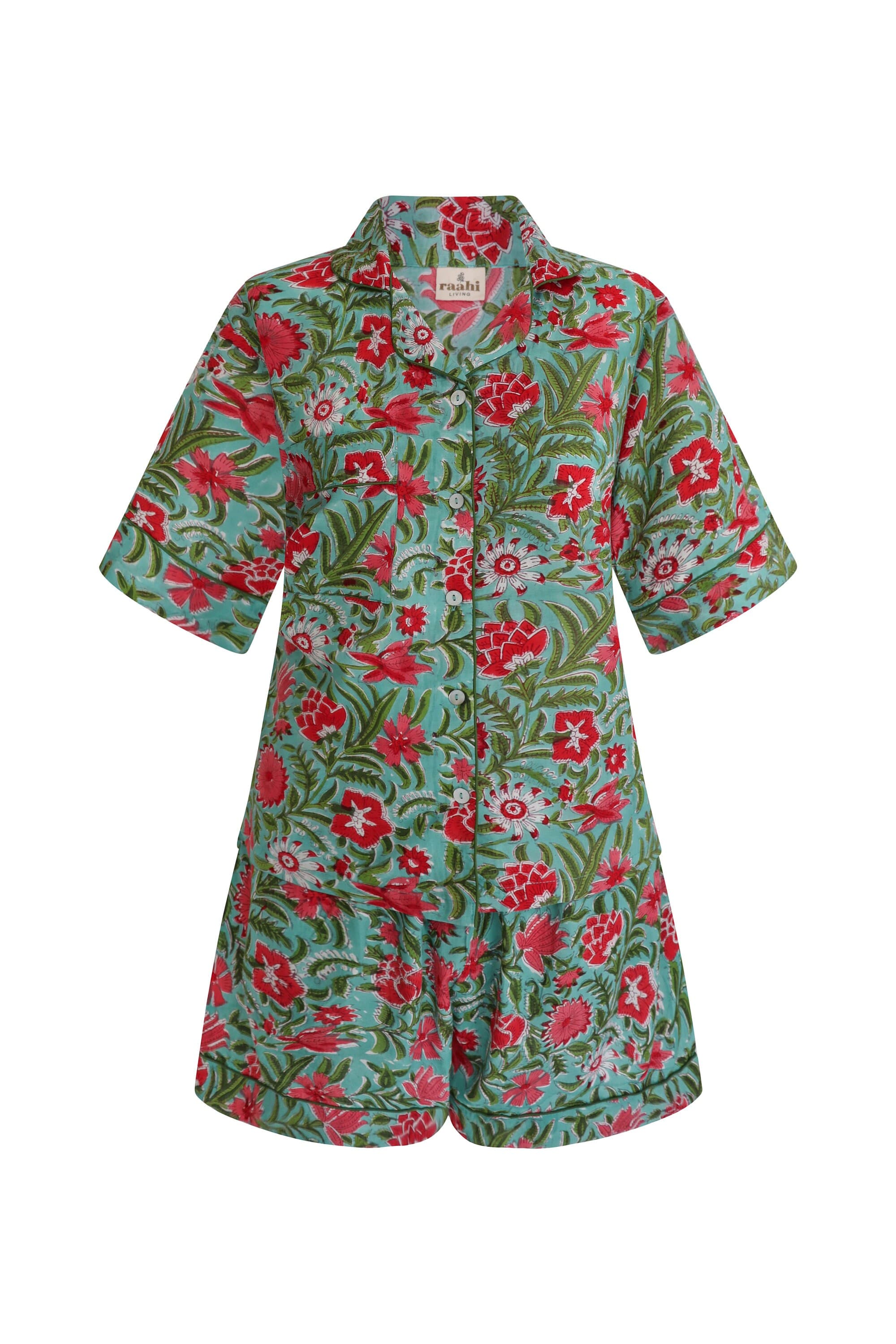 Hand Block Printed Organic Cotton Pajama Set, Turquoise Floral PJs