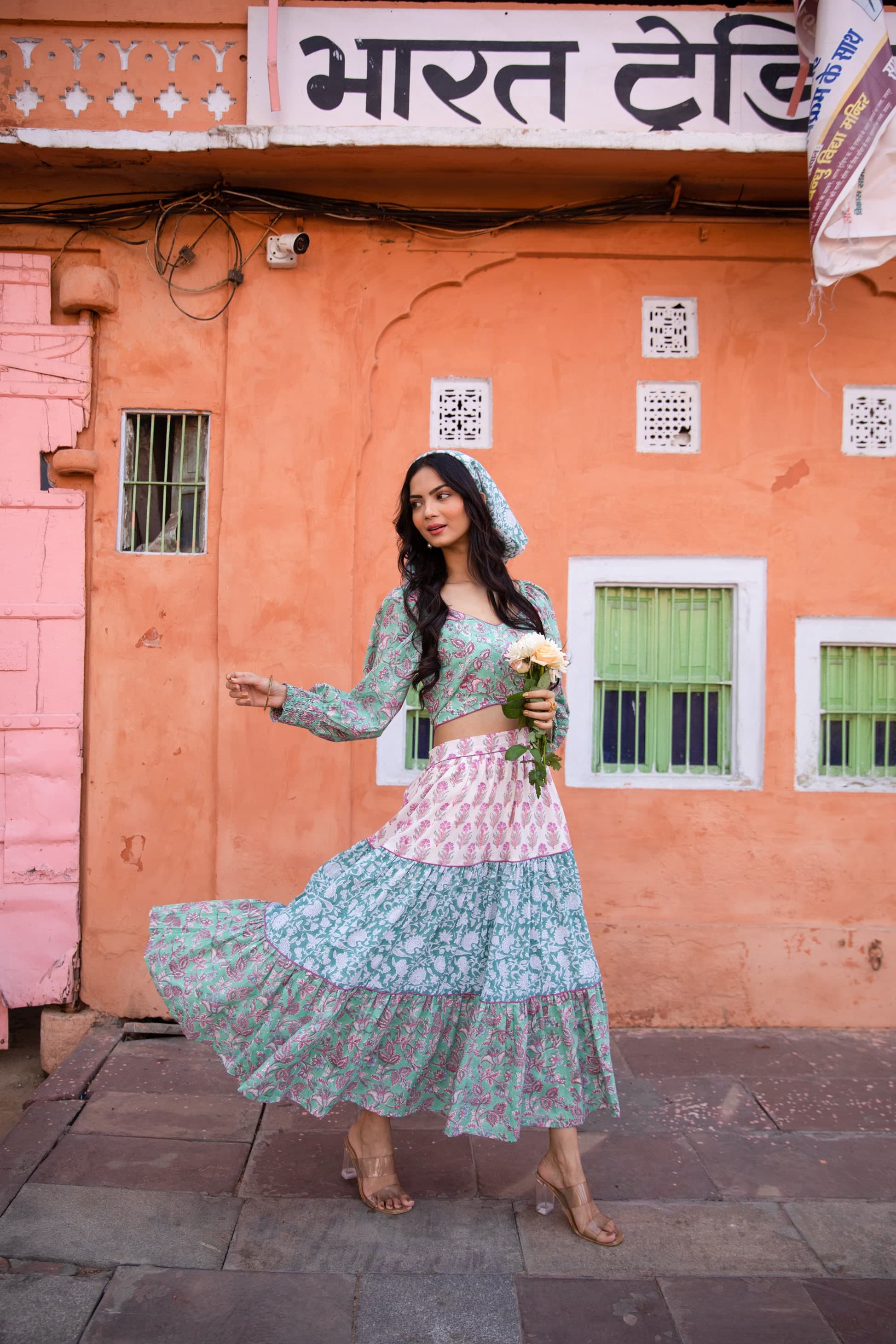 Hand Block Printed Crop Top Skirt Set, Floral Tiered Organic Cotton Co-ord