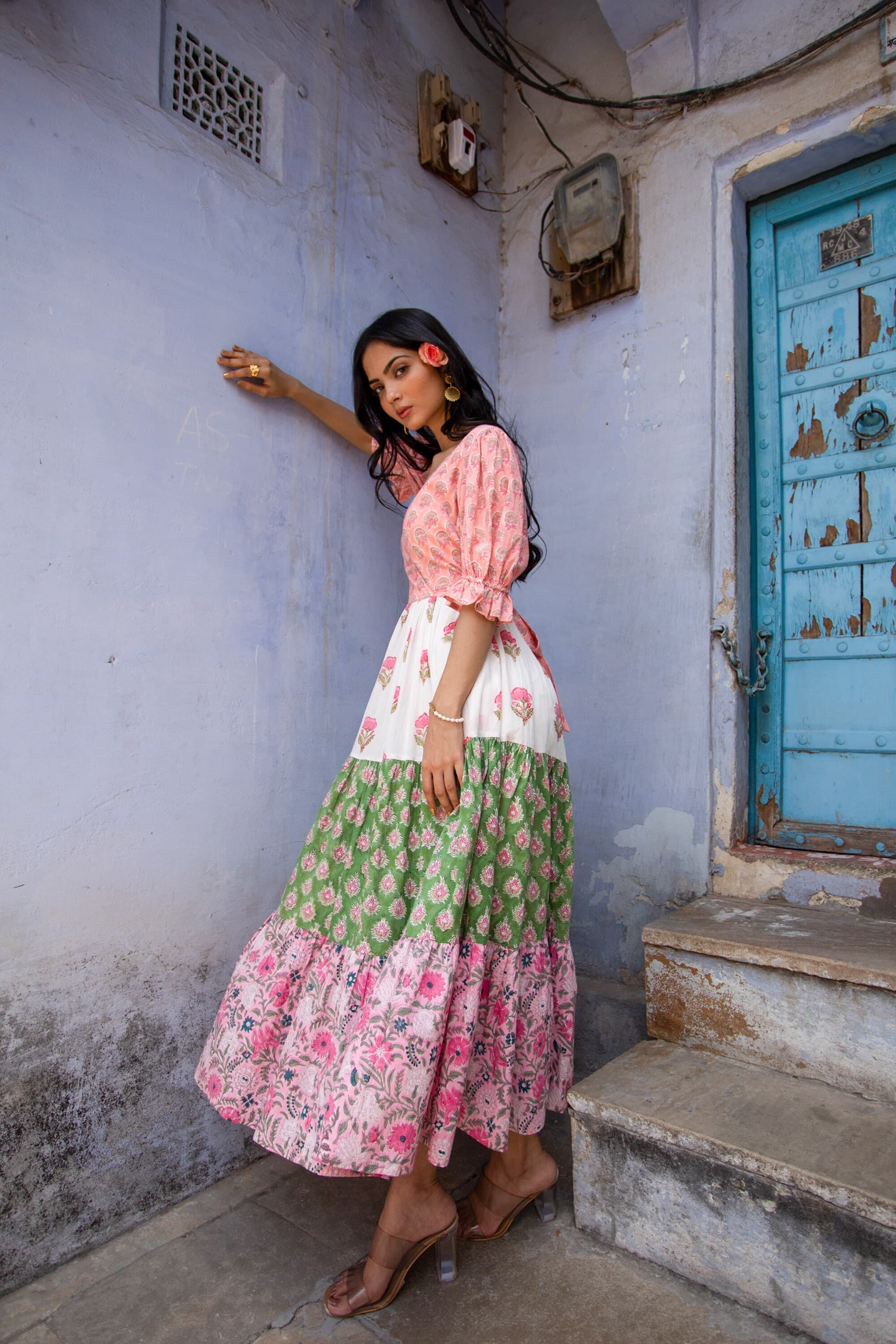 Hand Block Printed Maxi Dress, Floral Tiered Organic Cotton Sundress - image 3