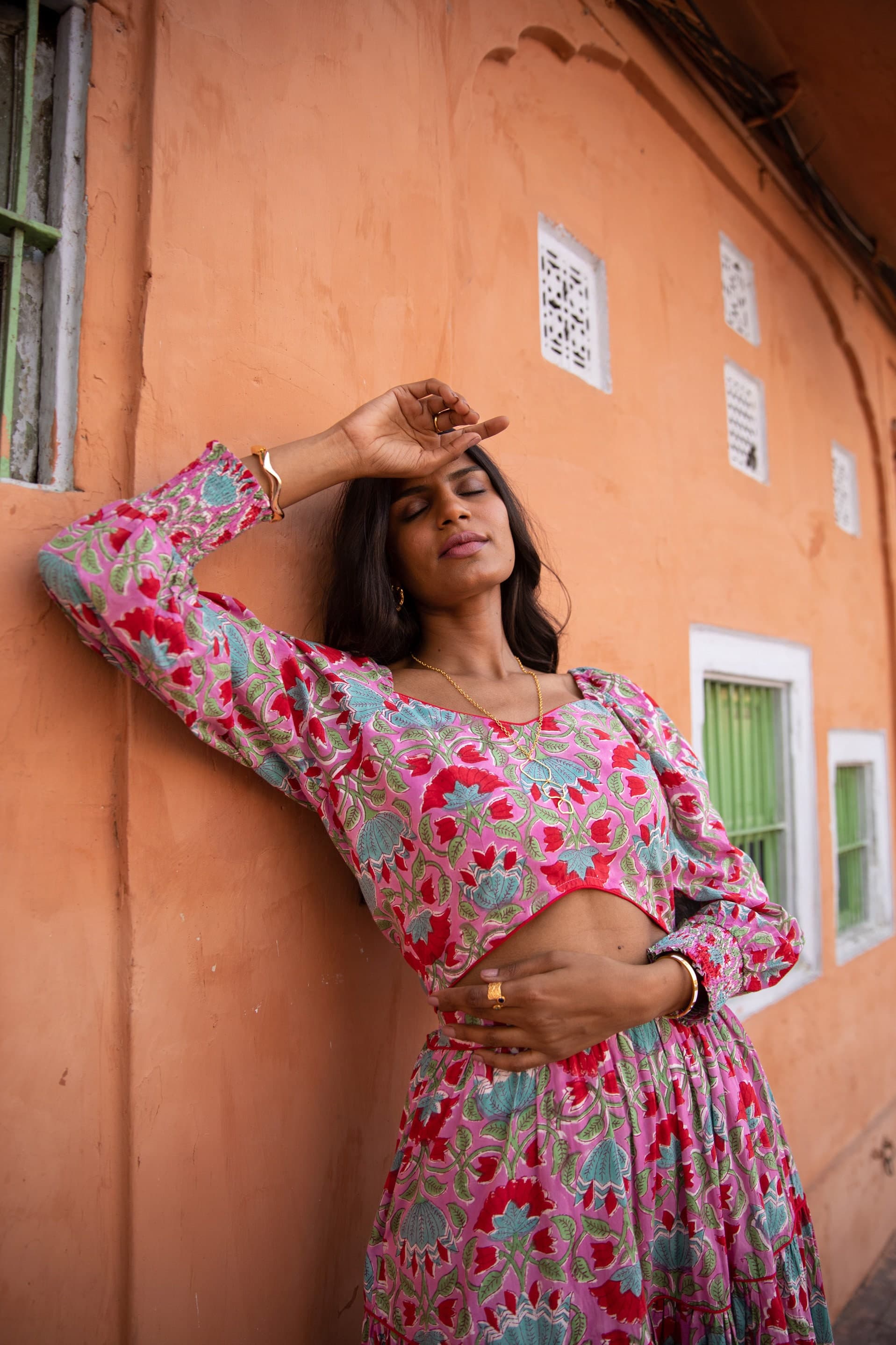 Hand Block Printed Cotton Co-ord Set: Crop Top & Tiered Skirt - image 4