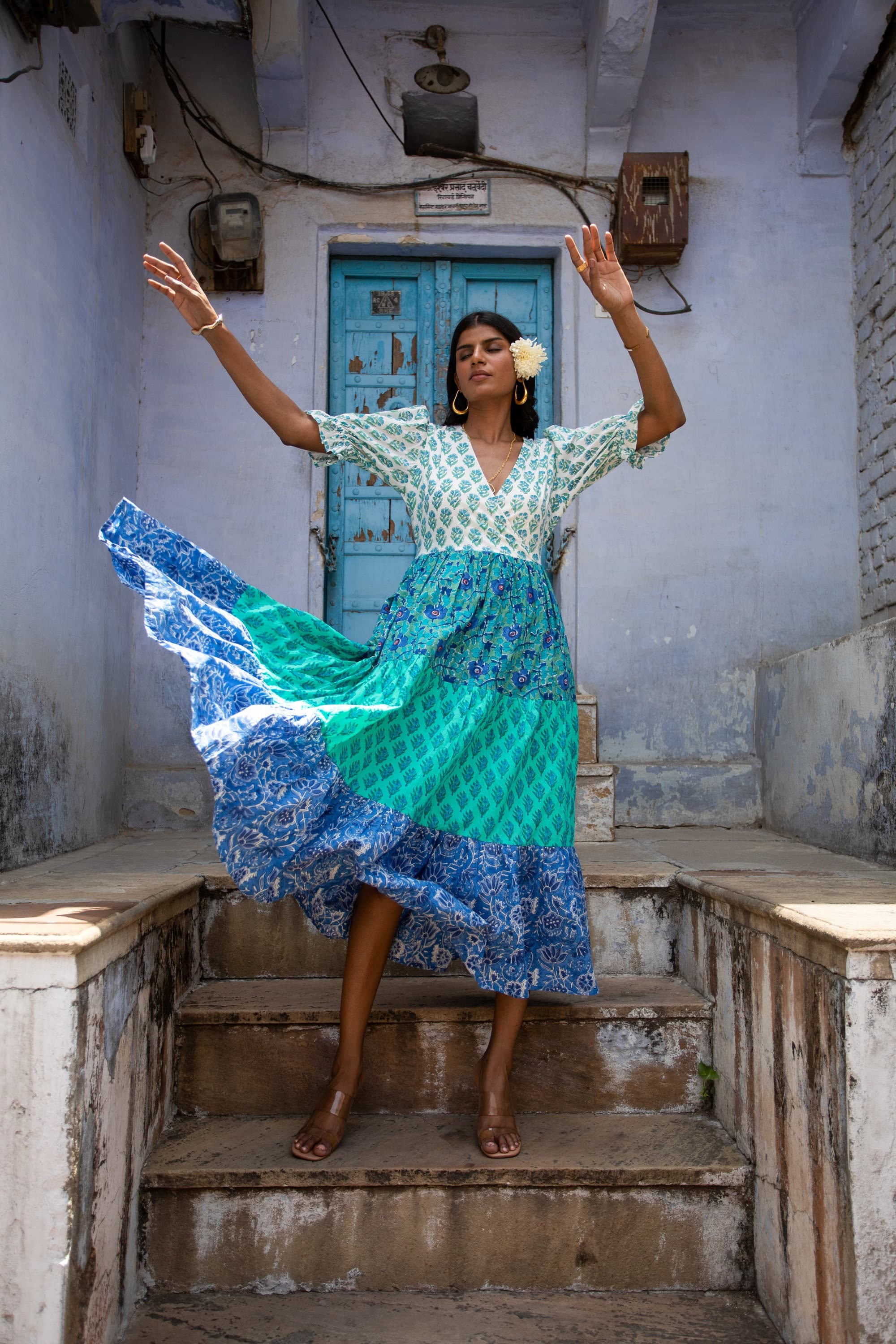 Hand Block Printed Organic Cotton Maxi Dress, Color Block Tiered Sundress