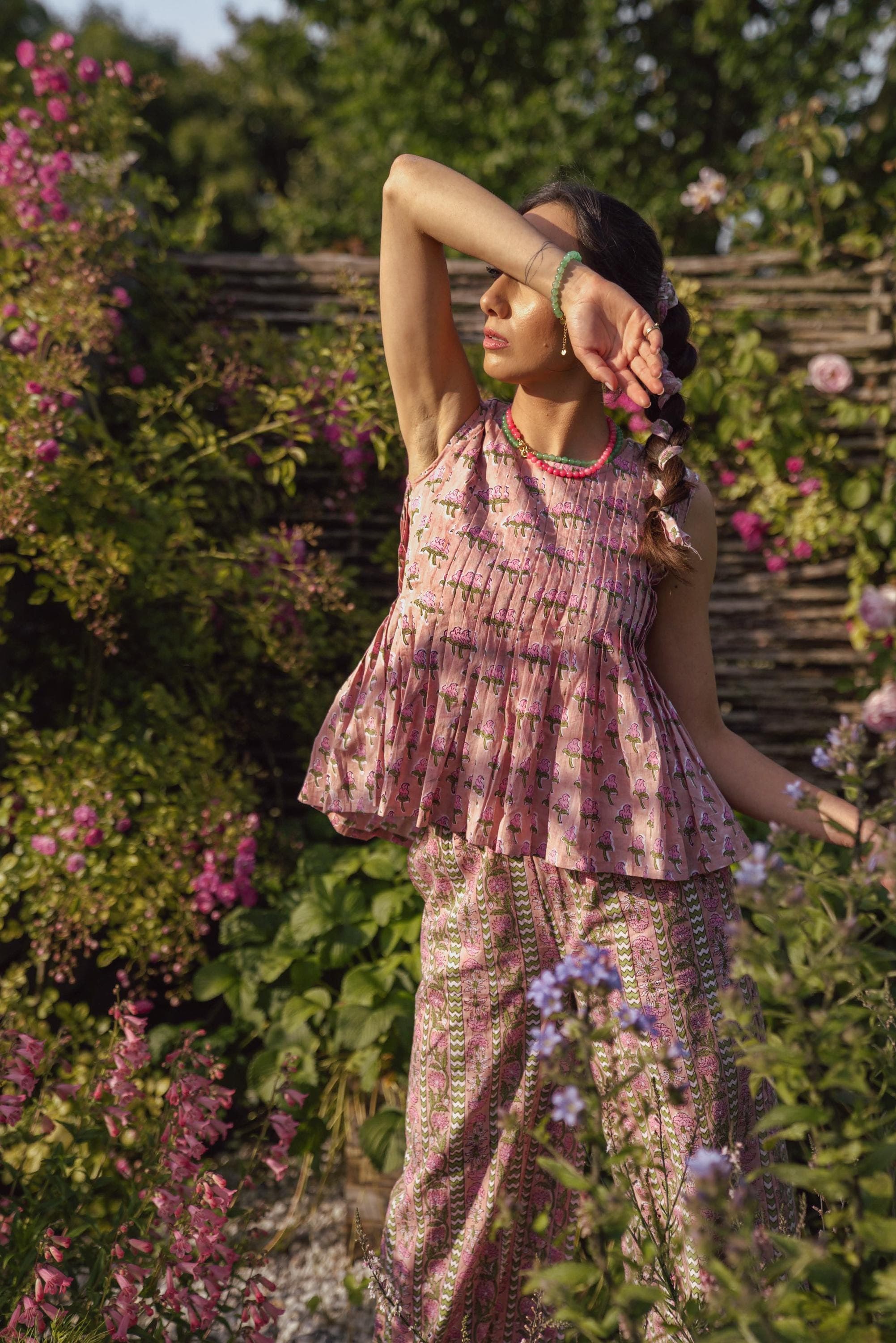Hand Block Printed Cotton Co-ord Set: Pleated Top, Wide Leg Pants - image 3