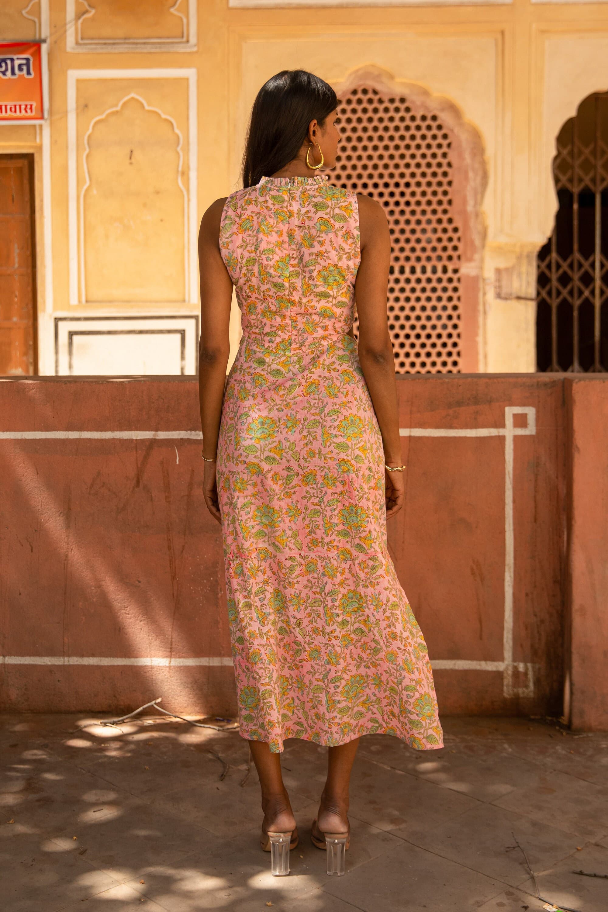 Hand Block Printed Pink Floral Dress, Organic Cotton Midi with Cut Outs - image 4