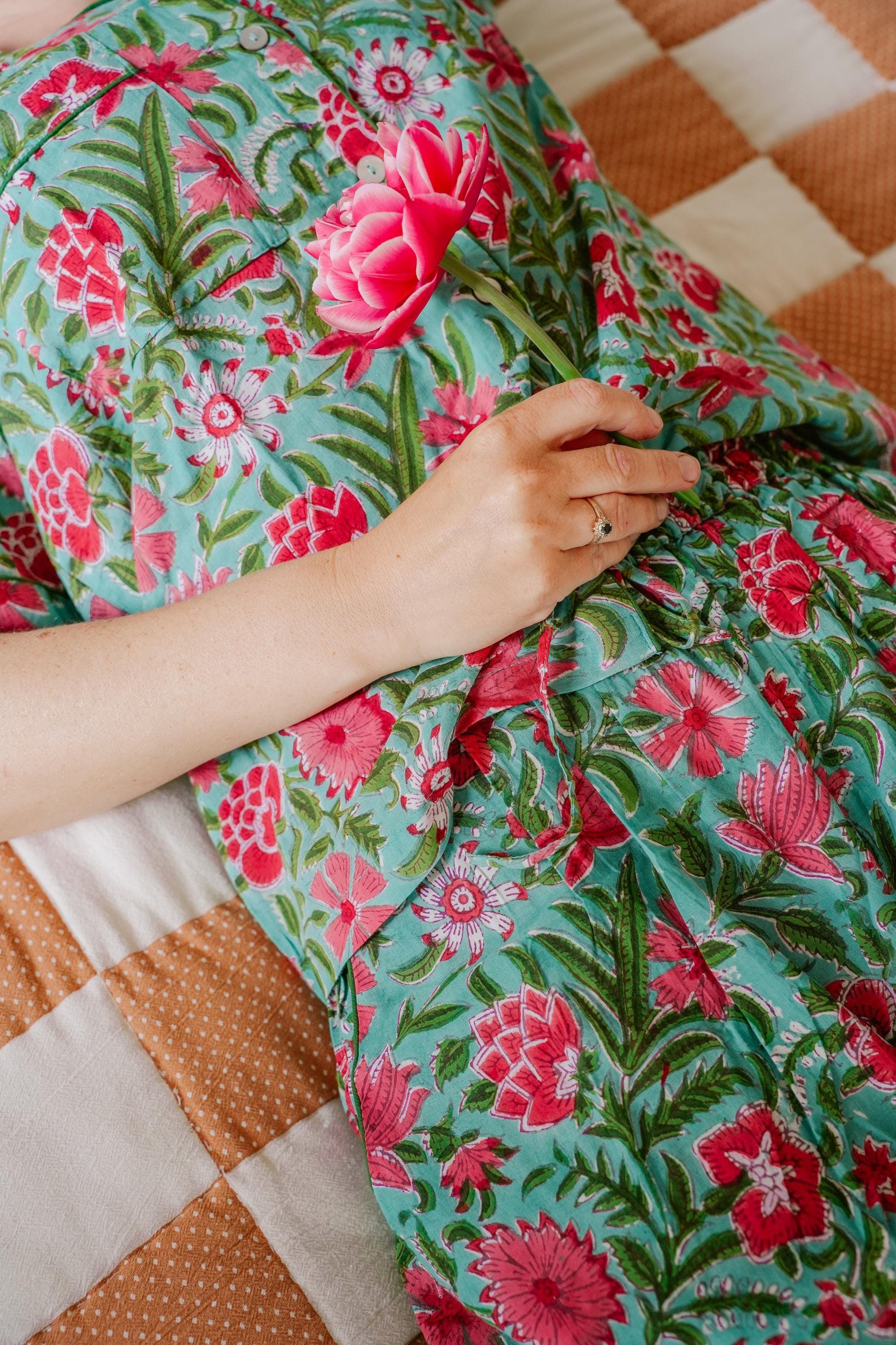 Hand Block Printed Organic Cotton Pajama Set, Turquoise Floral PJs - image 4