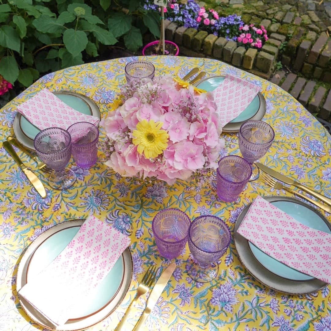 Yellow Floral Tablecloth, Hand Block Print, 100% Cotton (225x275cm) - image 5