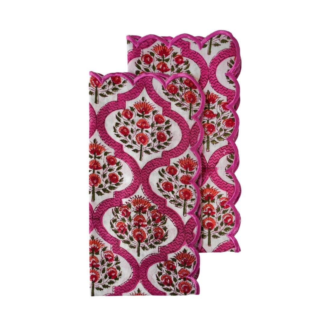 Hand Block Print Napkins, Embroidered Scallop Edge, Floral Organic Cotton (Set of 2)