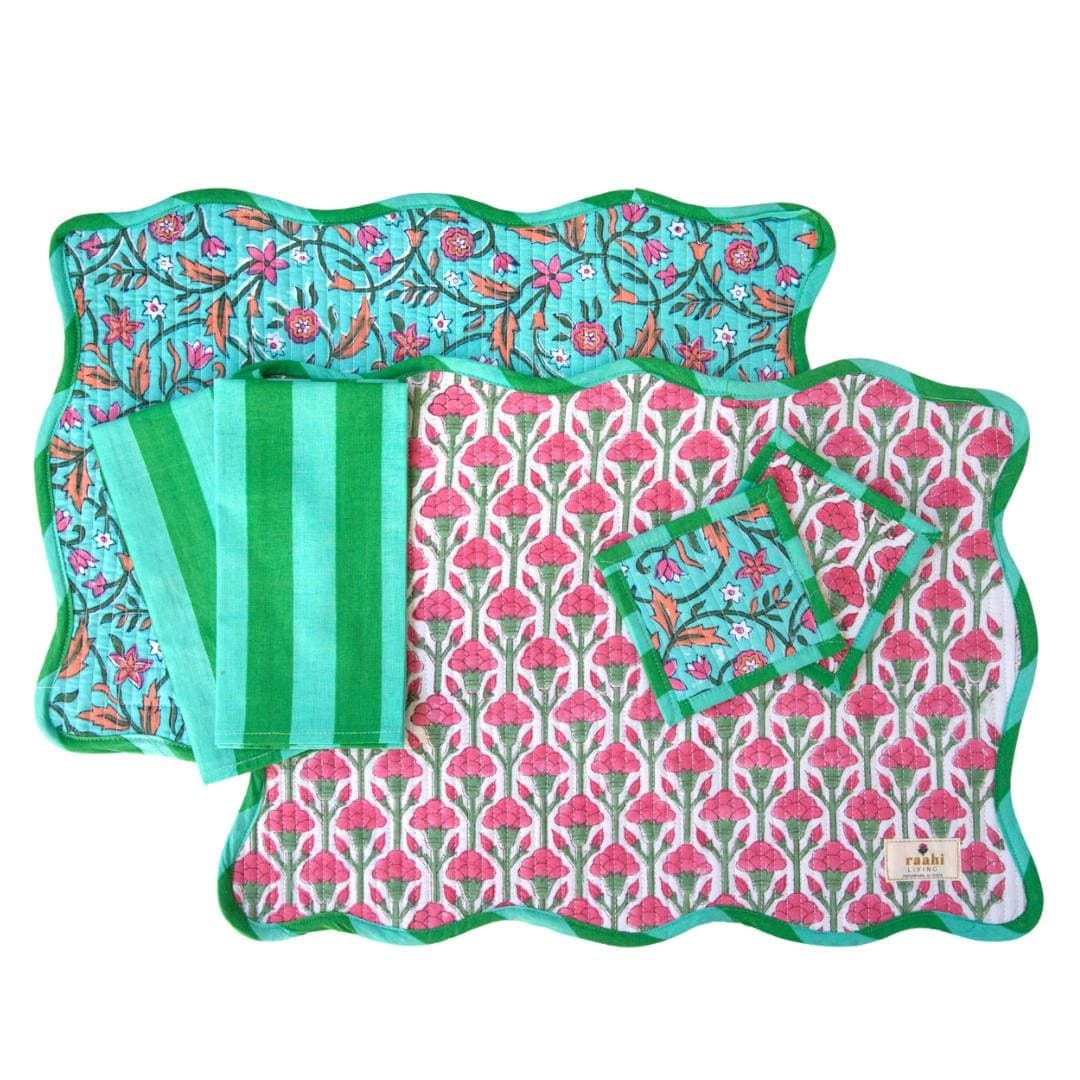 Handmade Block Printed Cotton Placemat Set | Floral Table Linens