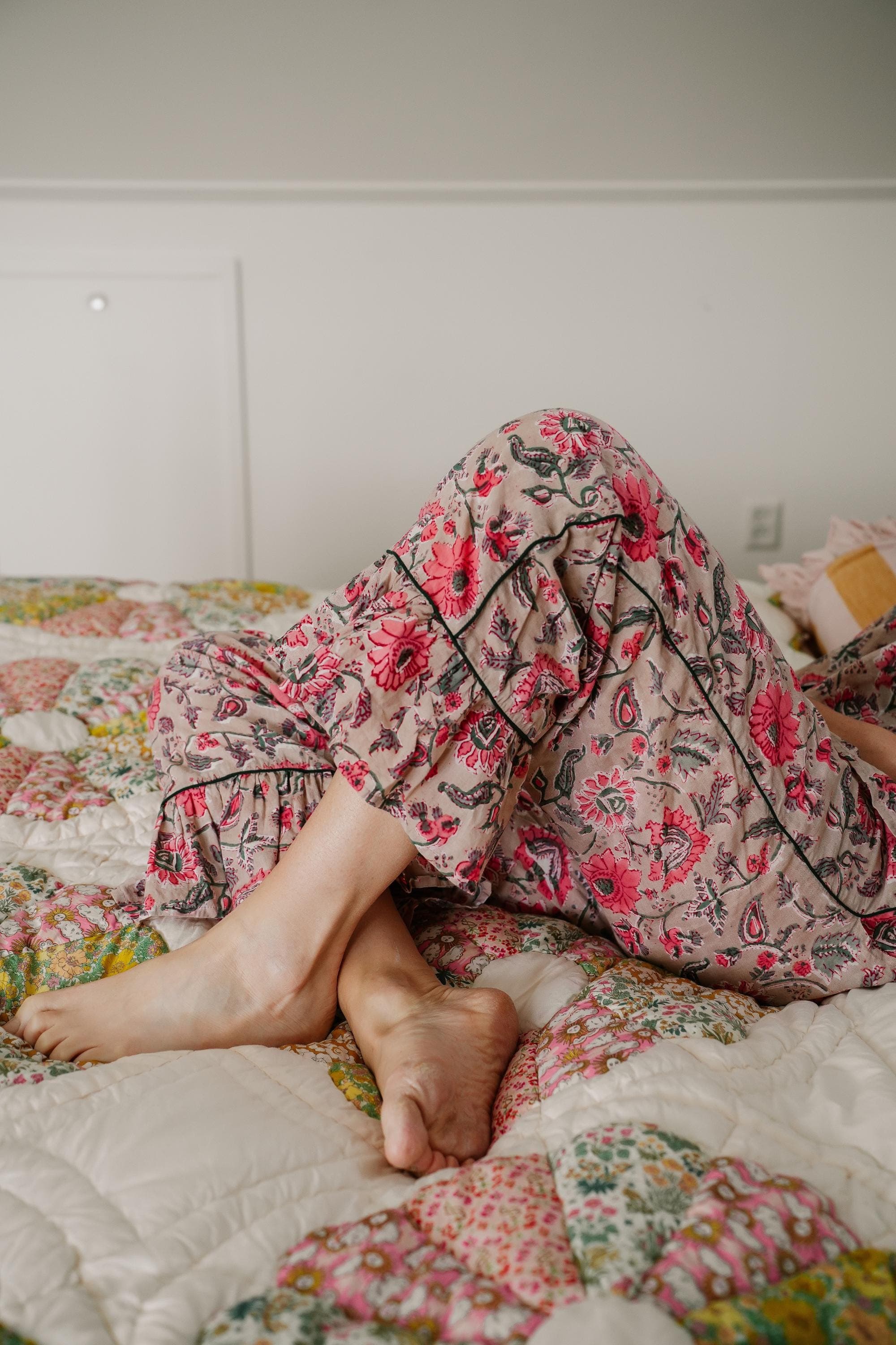 Hand Block Printed Cotton Pajama Set, Ruffle Hem Loungewear - image 4