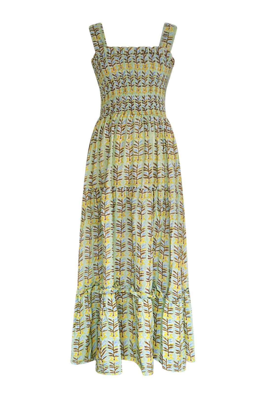 Hand Block-Printed Organic Cotton Maxi Dress: Floral Smocked Bodice - image 4