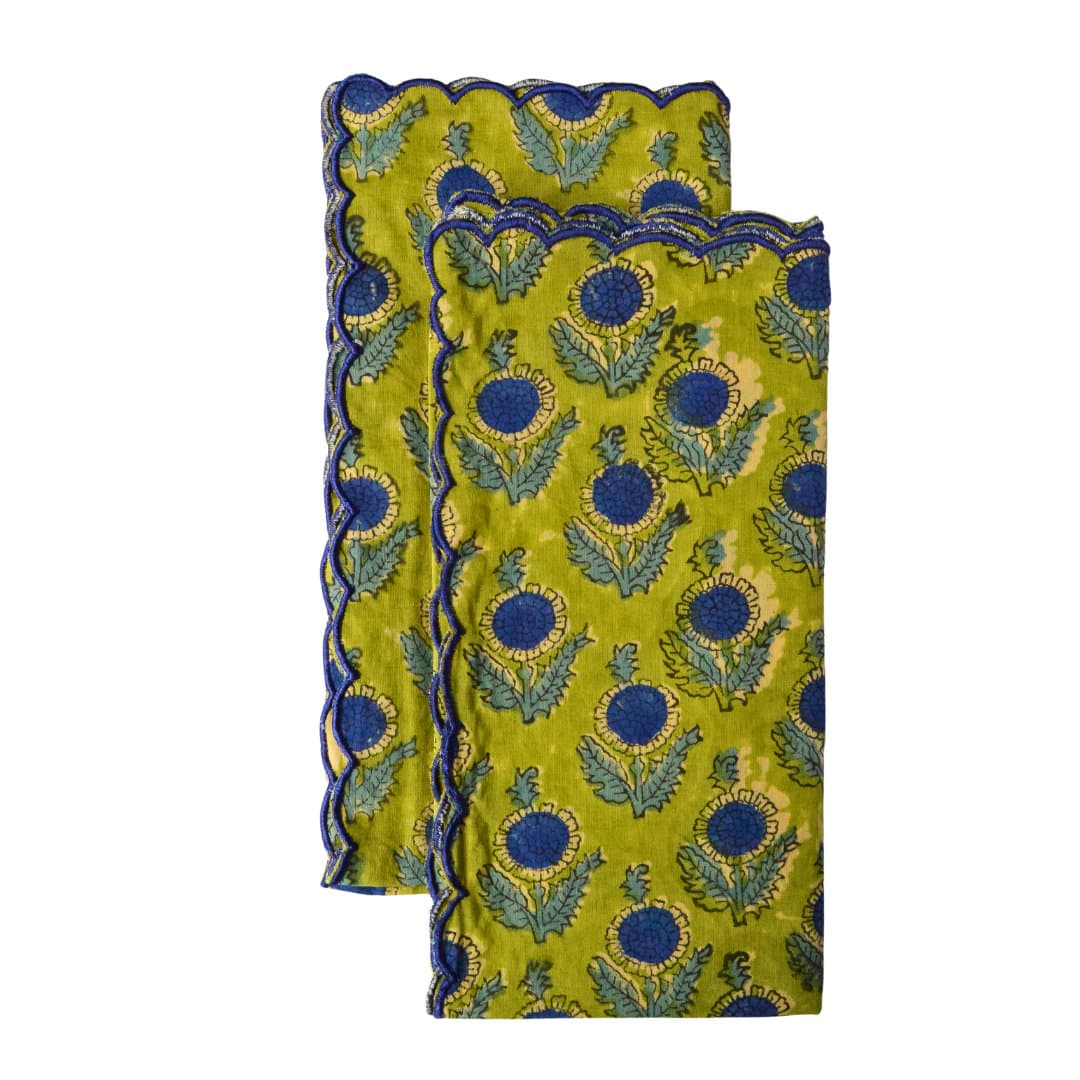 Hand Block Print Scallop Edge Napkins, Organic Cotton Set of 2