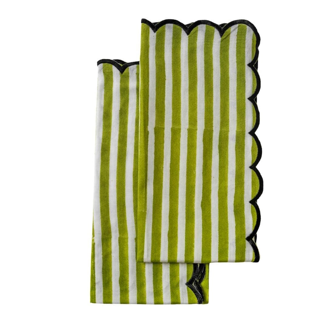 Hand Block Print Cotton Napkins, Set of 2 - Lime Green Scallop Edge