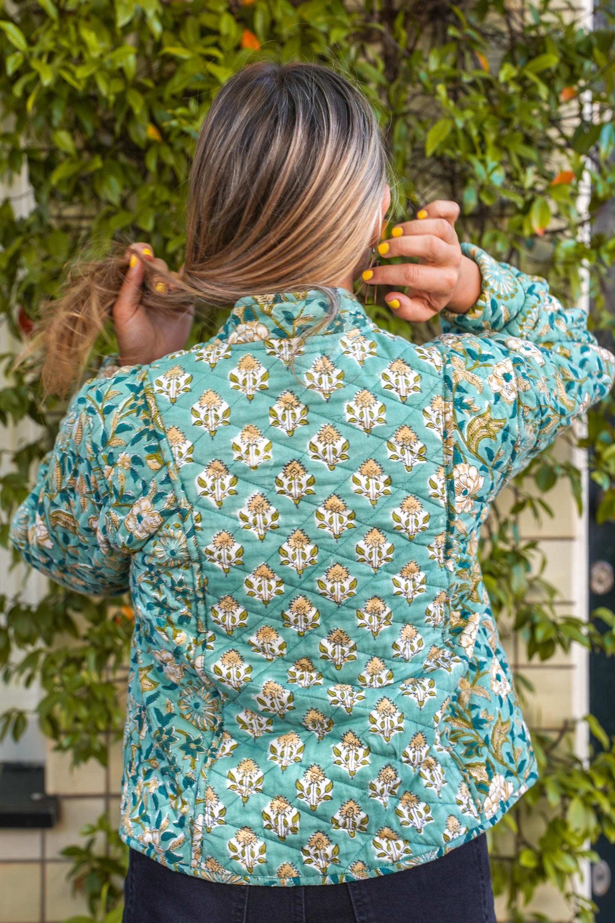Hand Block Printed Quilted Jacket: Green Floral Organic Cotton Padded Indian Cotton Spring Summer - image 4