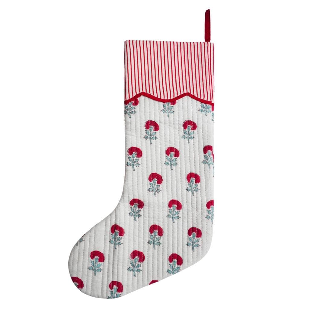 Luxury Quilted Reversible Christmas Stocking - Hand Block Printed Holiday Decor in 100% Cotton