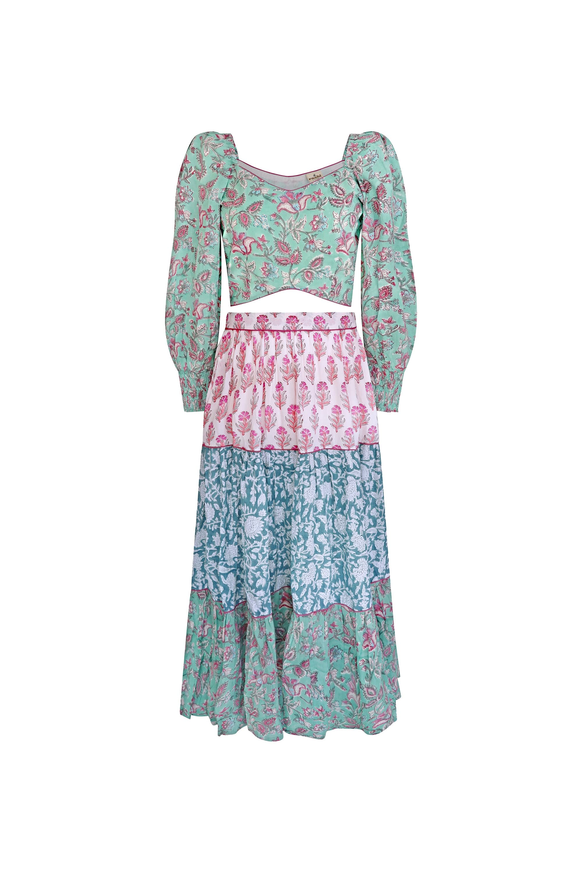 Hand Block Printed Crop Top Skirt Set, Floral Tiered Organic Cotton Co-ord - image 5