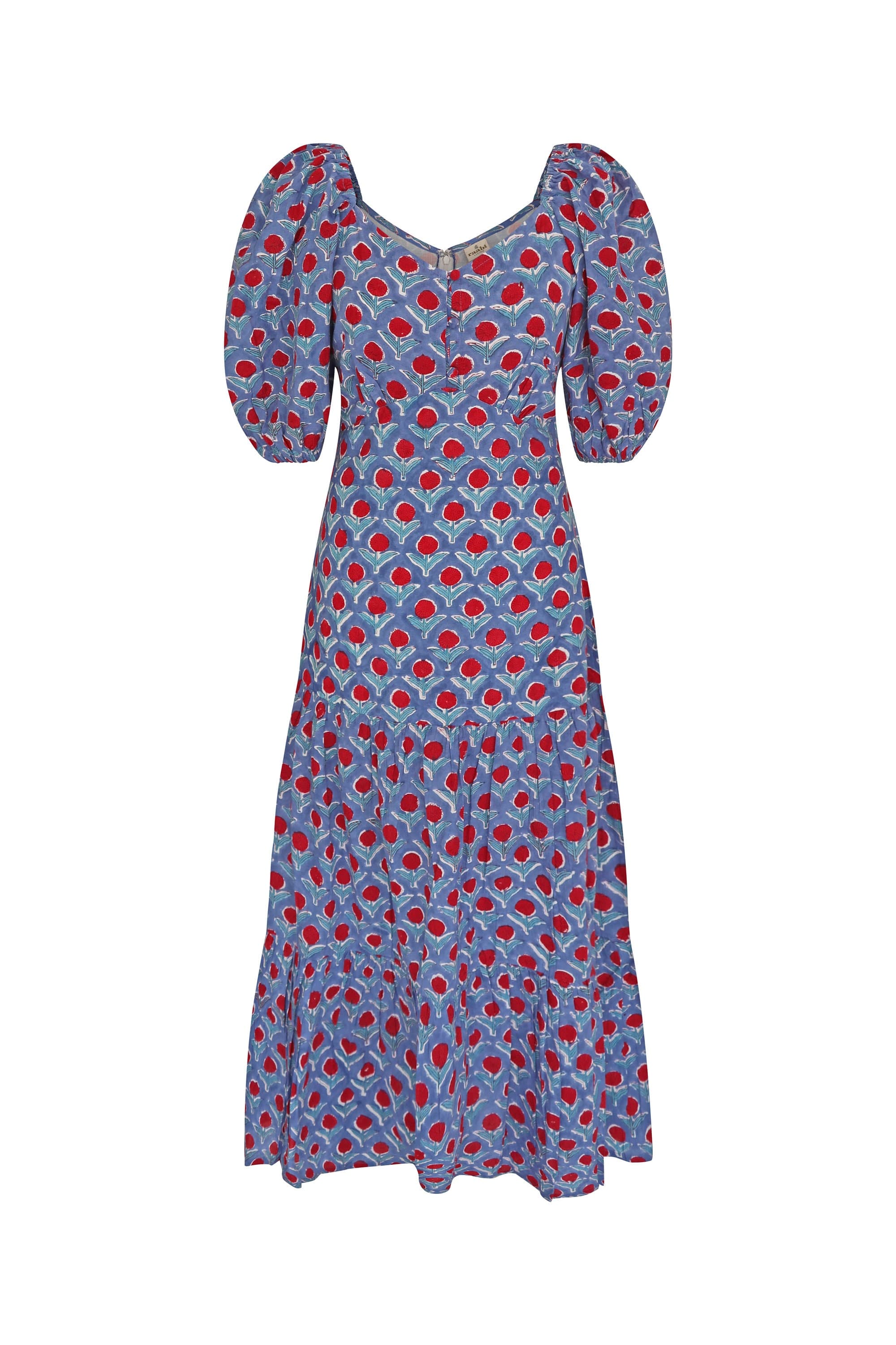 Hand Block Printed Cotton Sundress: Summer Blue Floral Puff Sleeve Dress - image 5