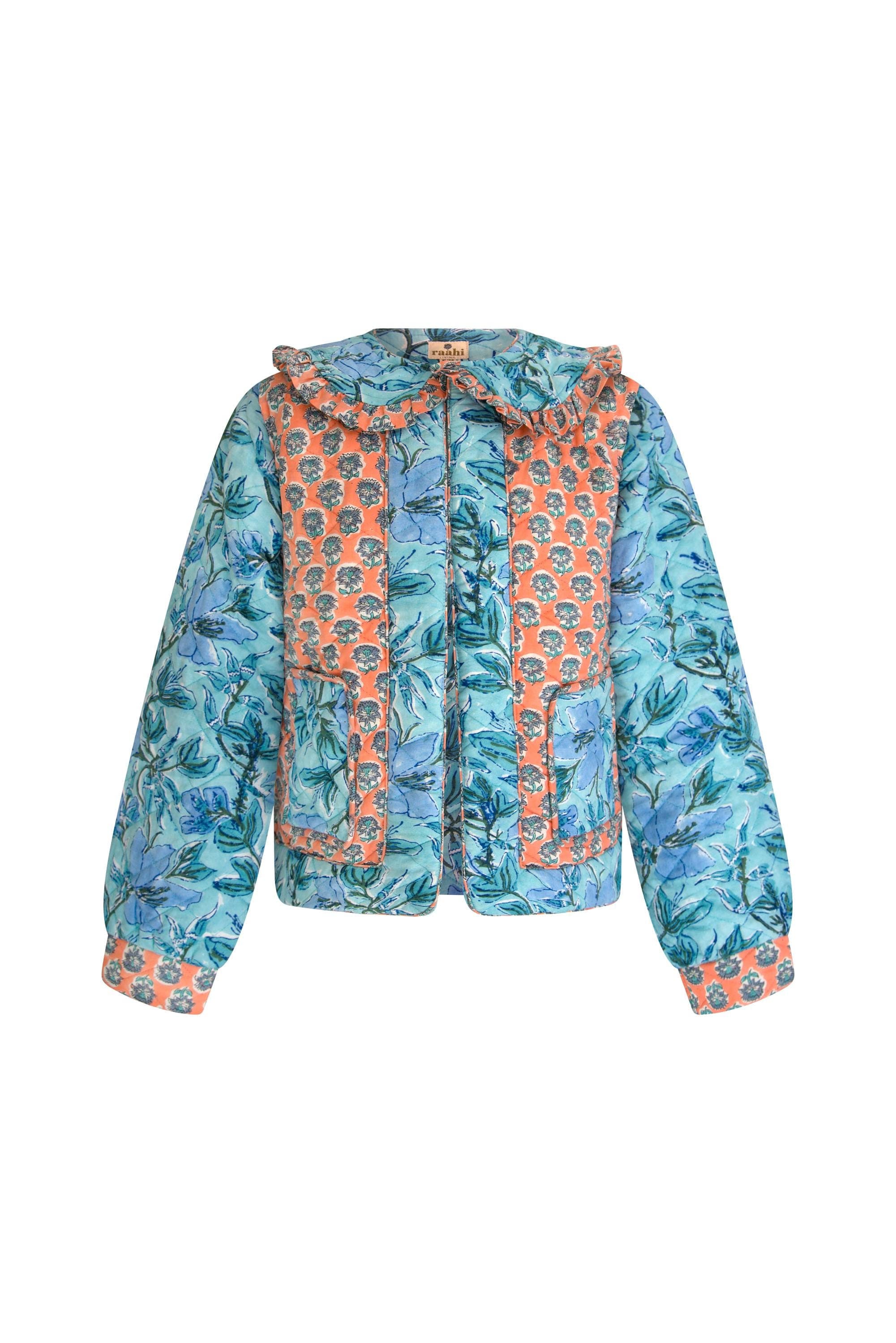 Hand Block Printed Quilted Jacket: Organic Cotton Floral Ruffle Collar