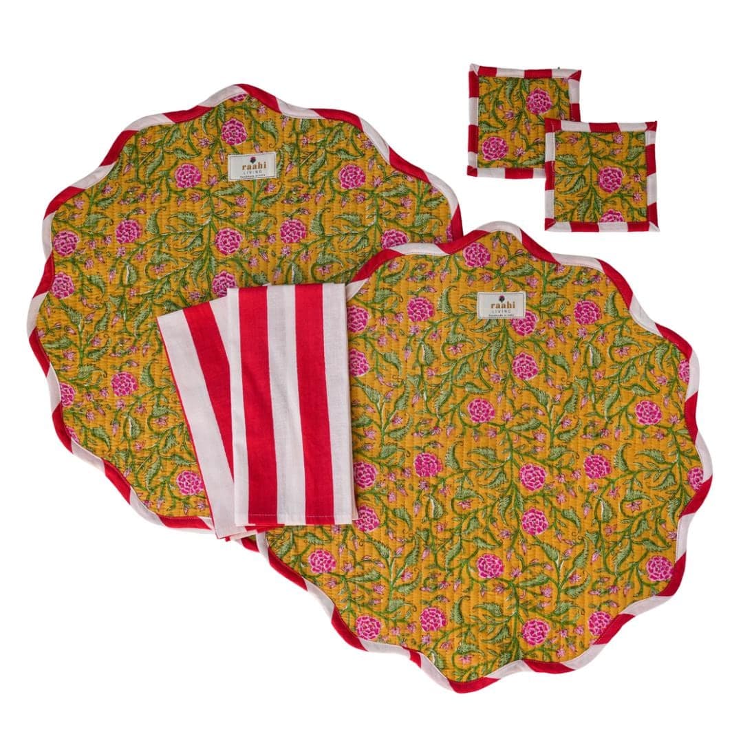 Block Printed Scalloped Placemat Set | Reversible Cotton Table Linens - image 4
