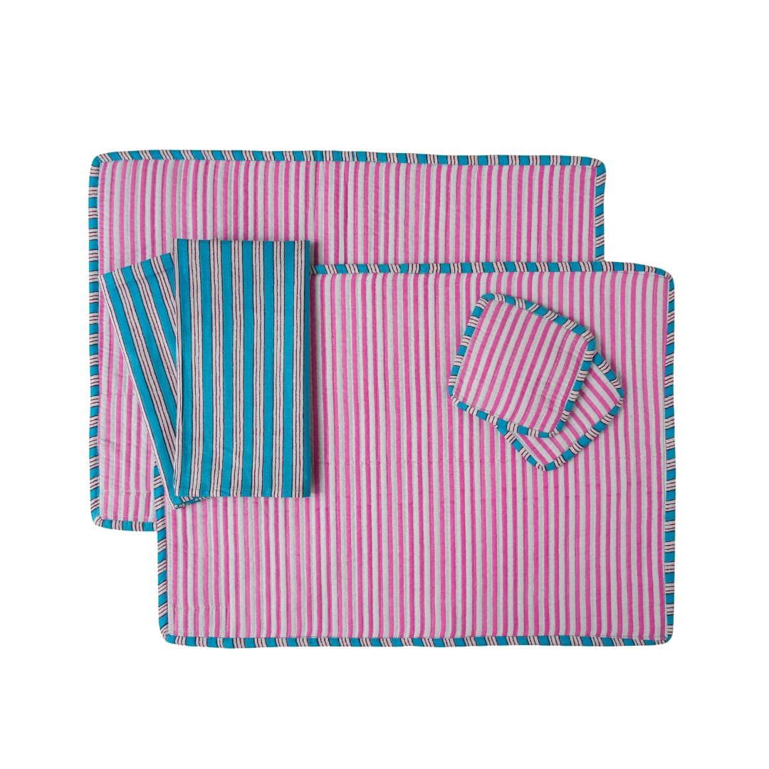 Pink Patchwork Reversible Quilted Rectangle Placemat Set | Cotton Table Linens with Napkins & Coasters | Block Printed - image 3