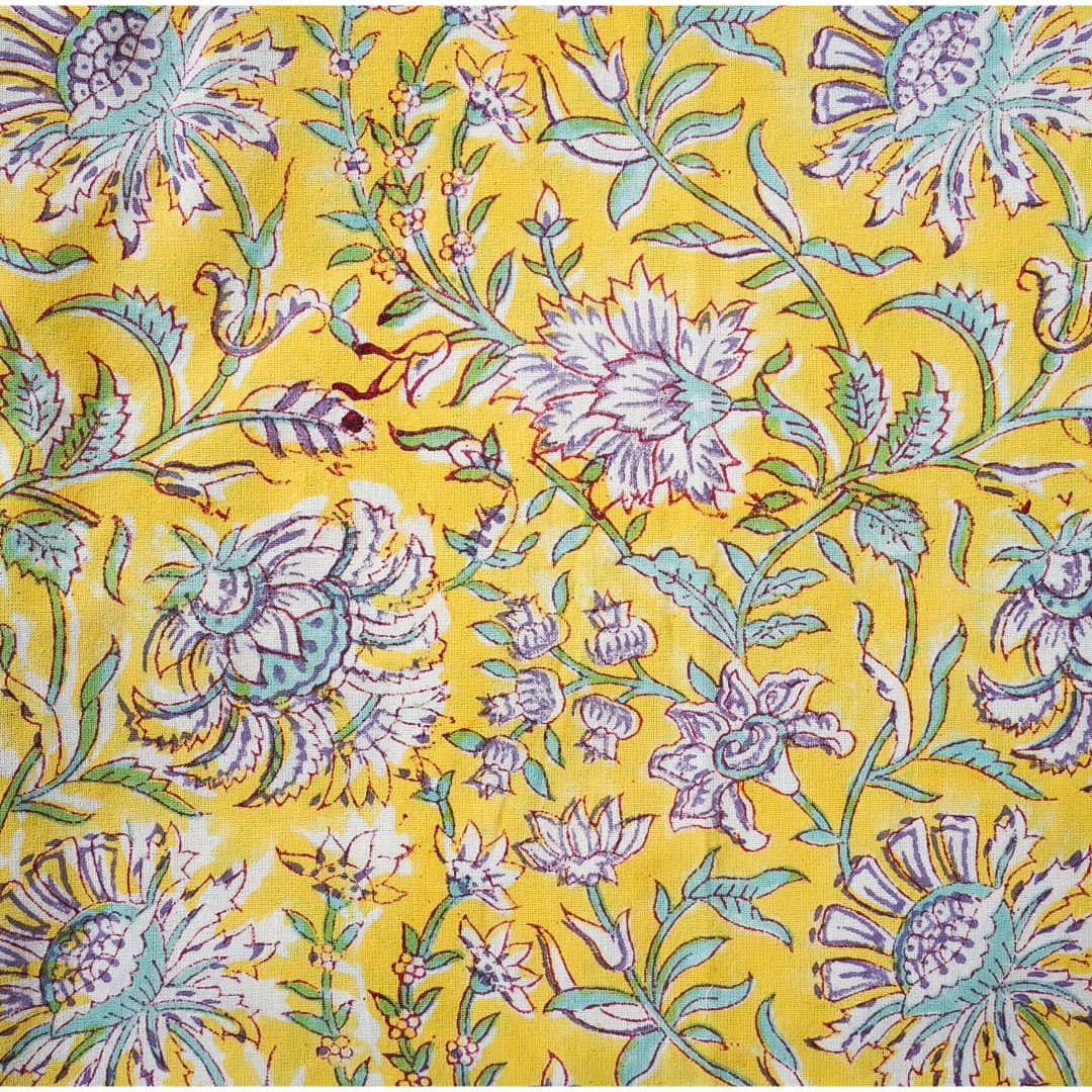 Yellow Floral Tablecloth, Hand Block Print, 100% Cotton (225x275cm) - image 4