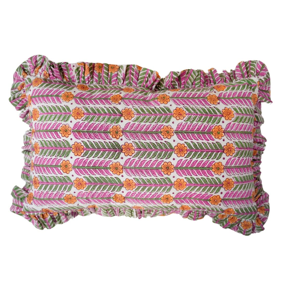 Hand Block Printed Cotton Cushion Cover: Pink Cottagecore Floral, 30x50cm
