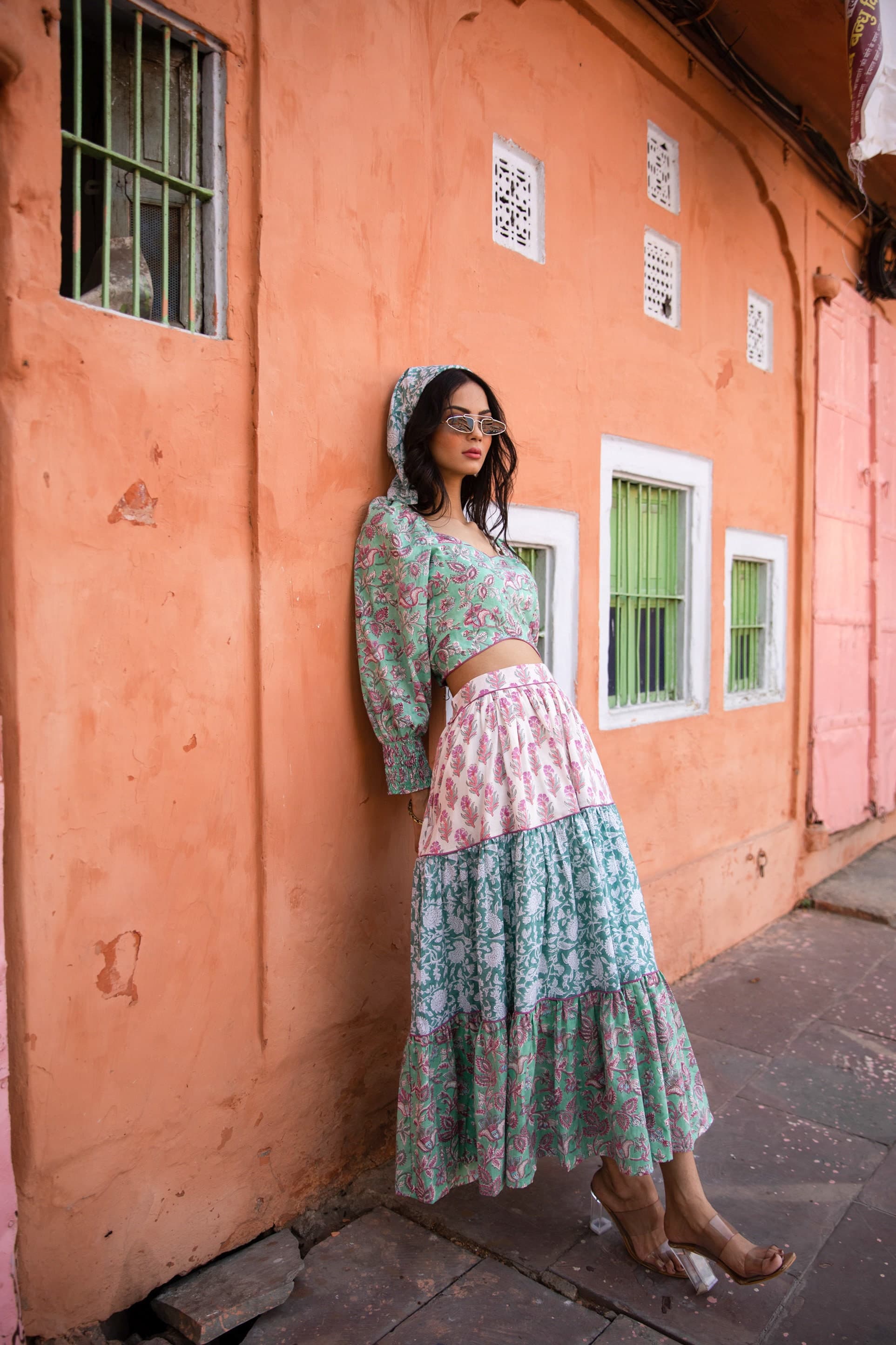 Hand Block Printed Crop Top Skirt Set, Floral Tiered Organic Cotton Co-ord - image 4