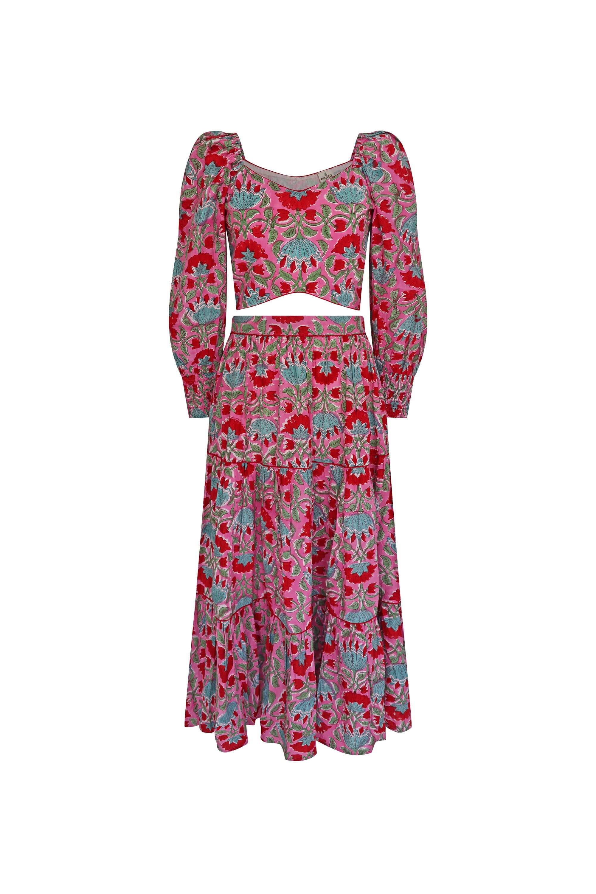 Hand Block Printed Cotton Co-ord Set: Crop Top & Tiered Skirt - image 5