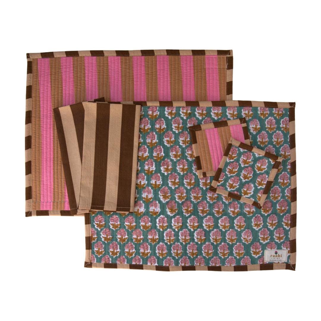 Reversible Quilted Placemat Set | Hand Block Printed Cotton Table Linens - image 3