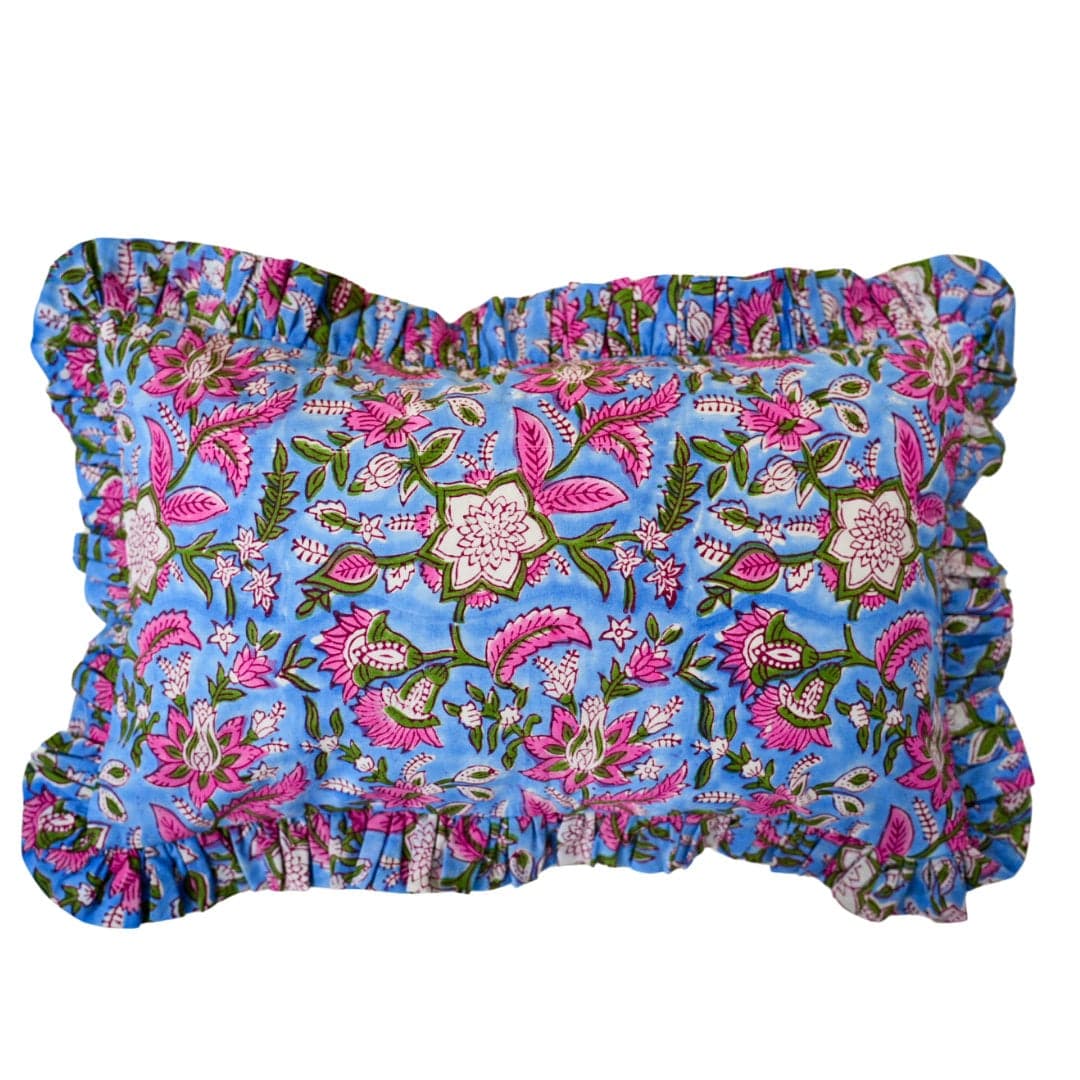 Hand Block Printed Cotton Cushion Cover, Blue Floral Ruffle Edge (30x50cm)