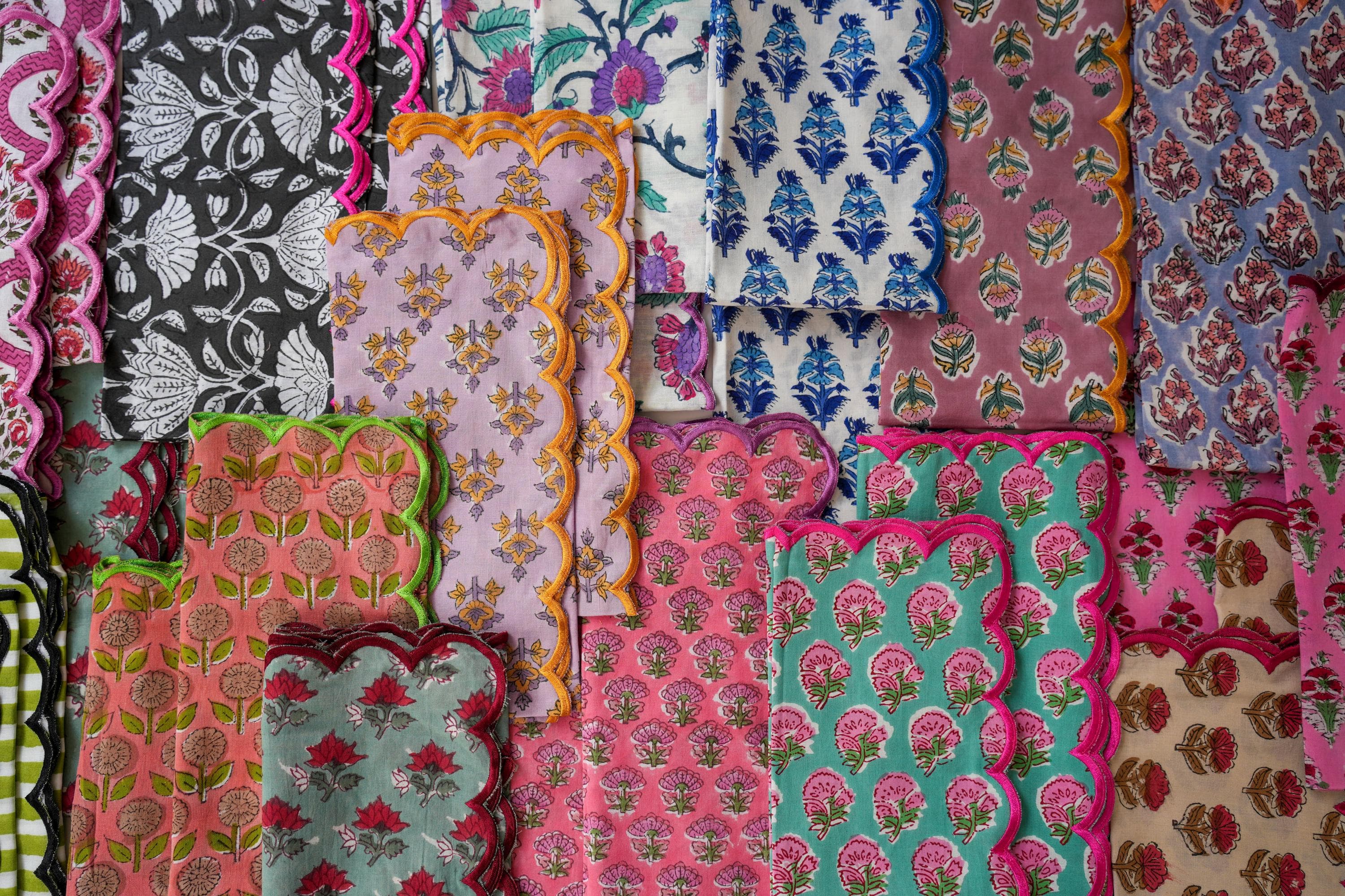 Hand Block Print Napkins Set, Embroidered Scallop Edge, Organic Cotton - image 3