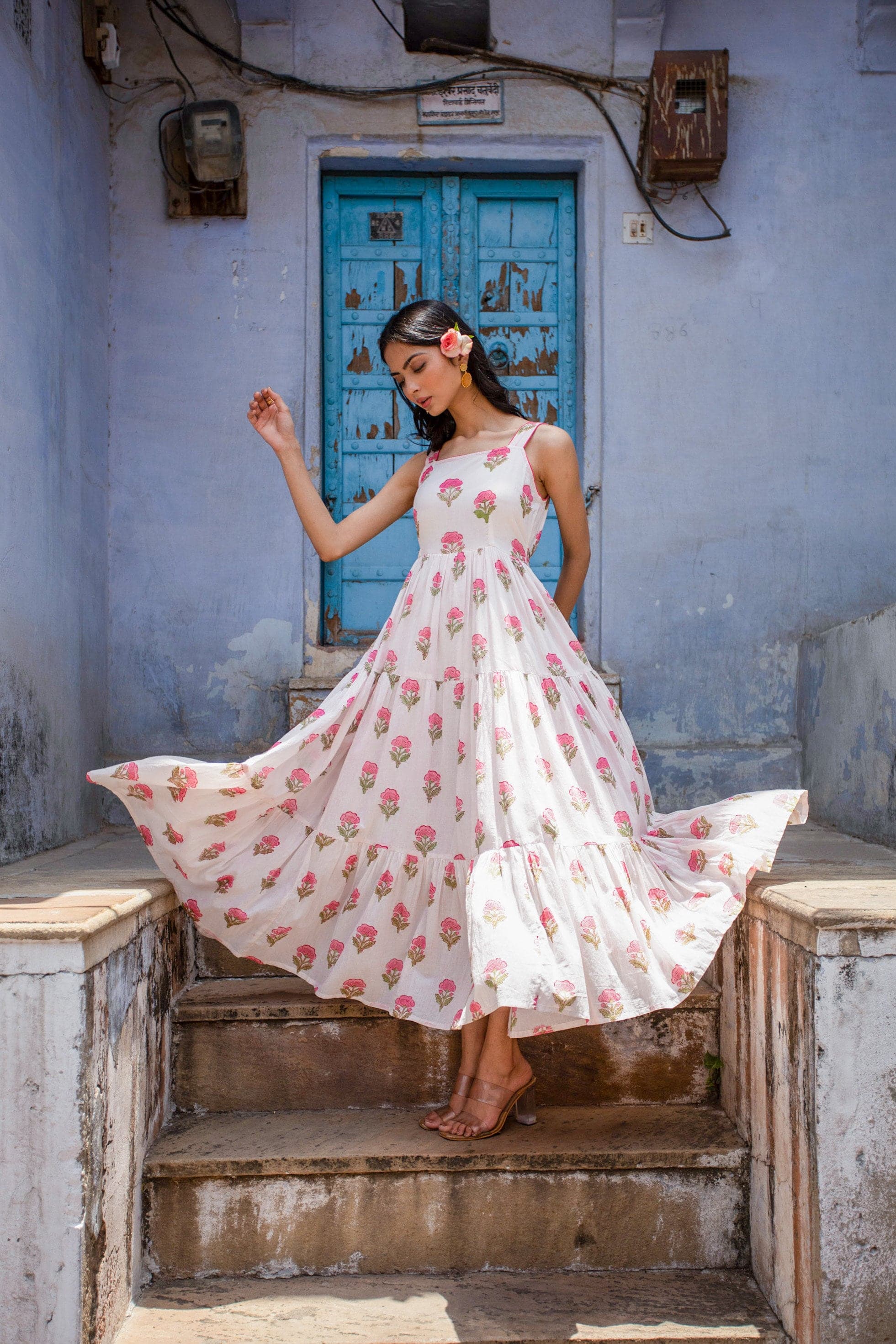 Hand Block Printed Floral Sundress, Organic Cotton Tiered Maxi Dress