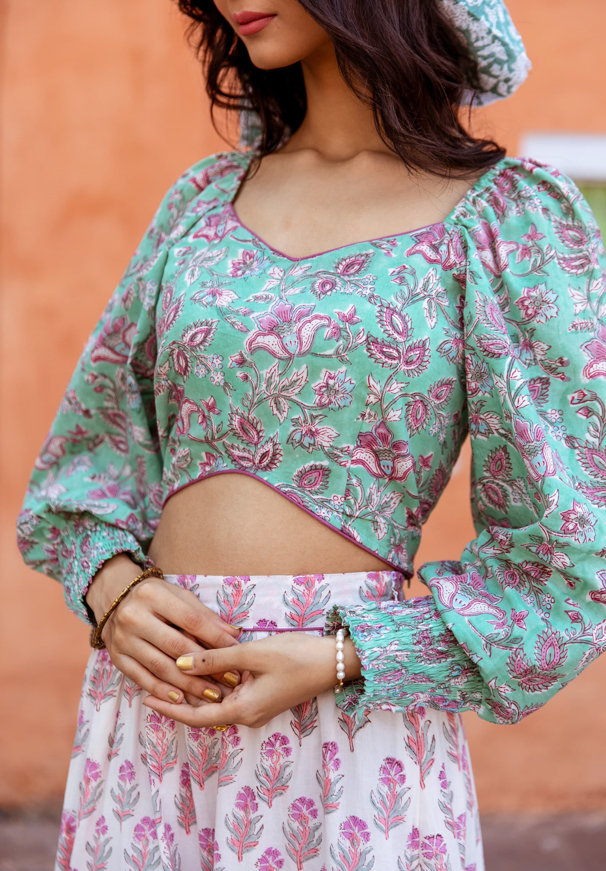 Hand Block Printed Crop Top Skirt Set, Floral Tiered Organic Cotton Co-ord - image 3