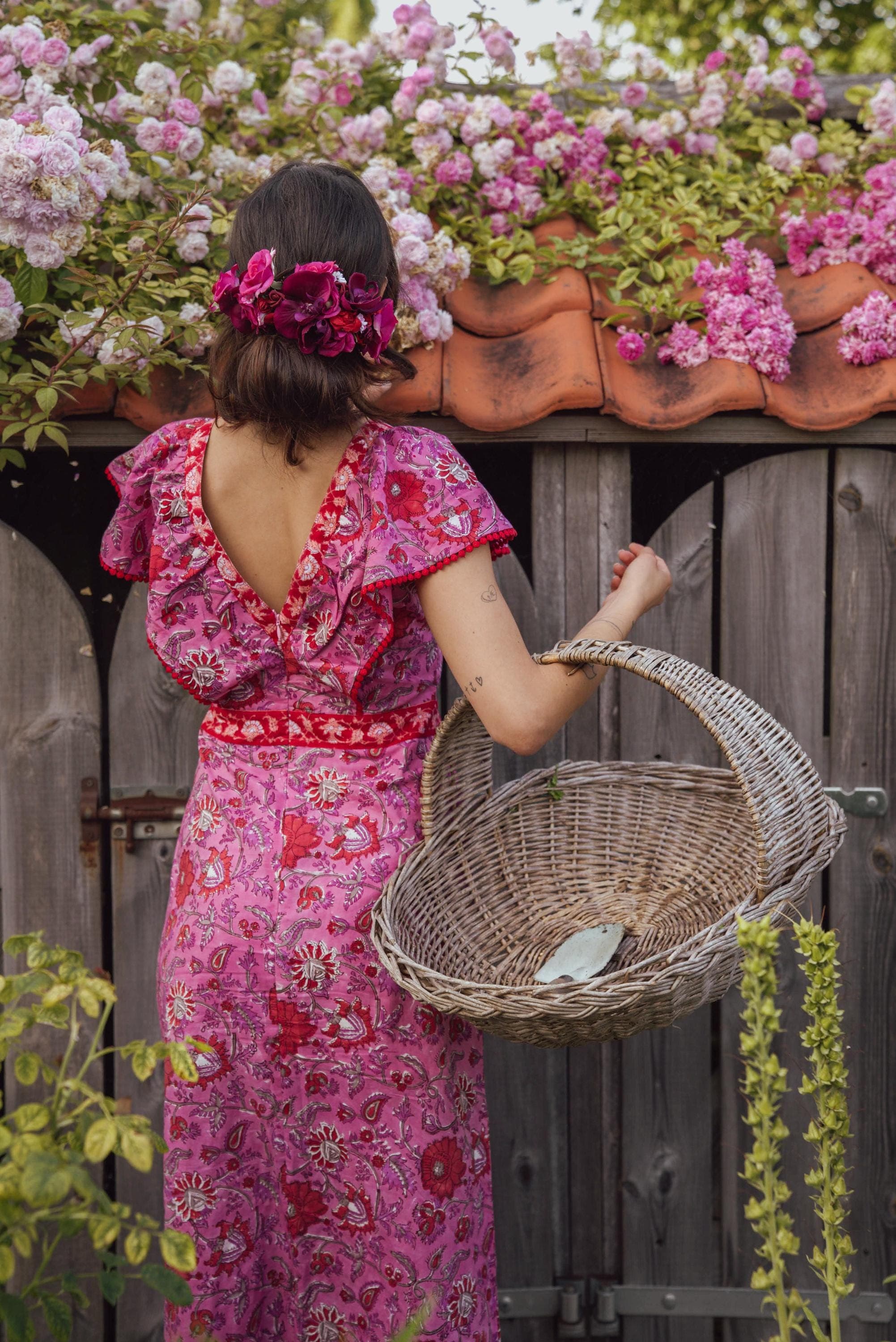 Hand Block Printed Cotton Maxi Dress, Magenta Red Floral Sundress - image 4