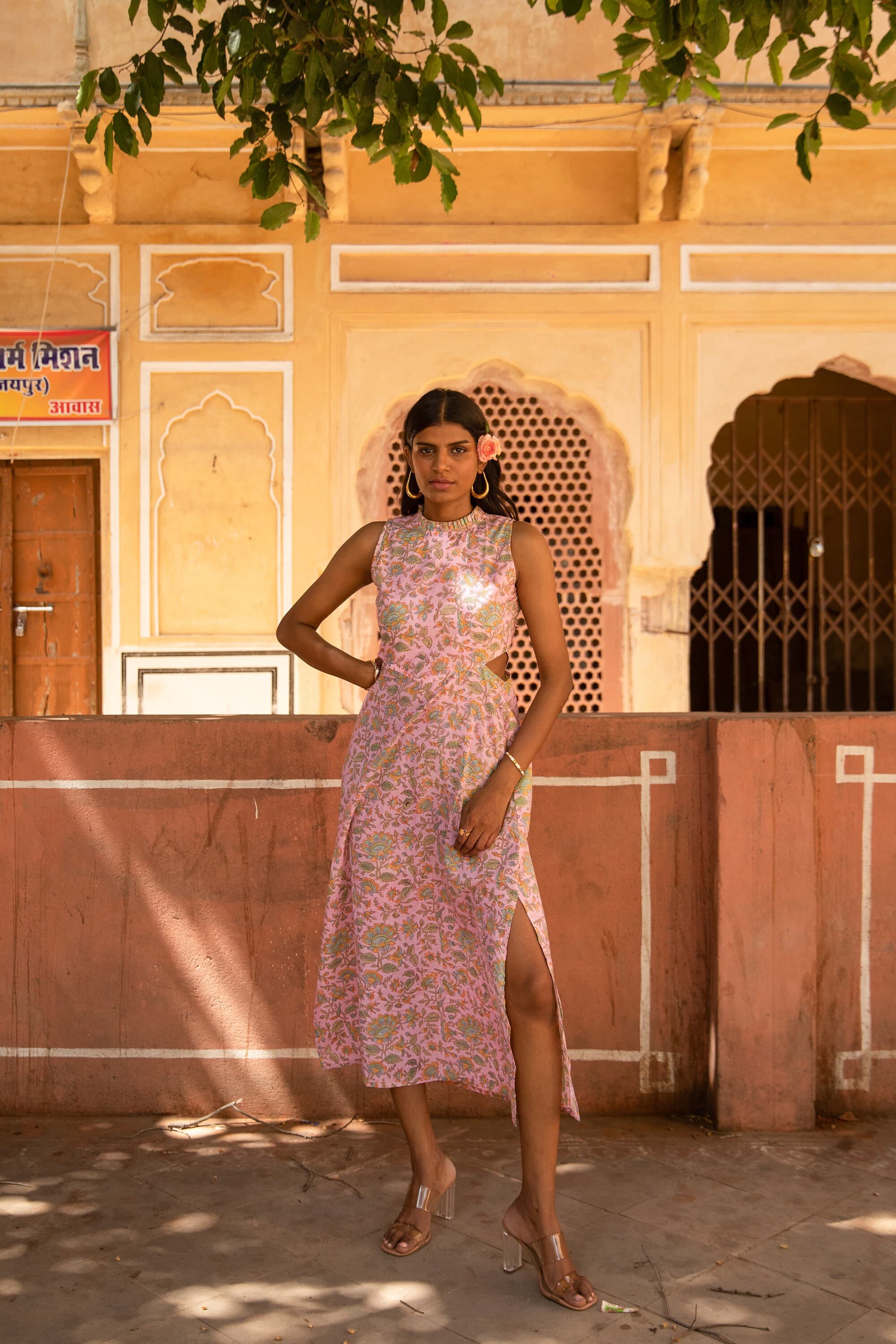 Hand Block Printed Pink Floral Dress, Organic Cotton Midi with Cut Outs