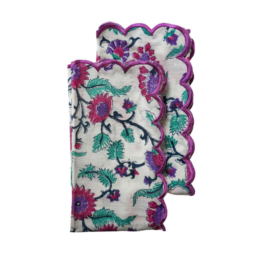 Hand Block Print Napkins Set, Embroidered Scallop Edge, Organic Cotton