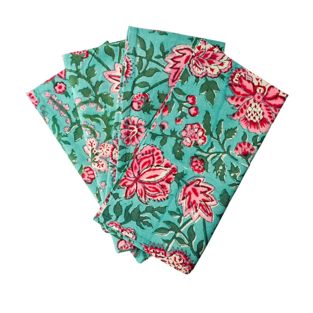 Hand Block Print Cloth Napkins, Set of 4, Bohemian Floral Table Linens