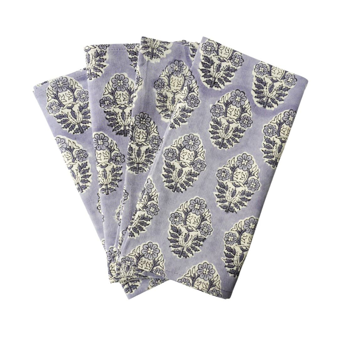 Hand Block Print Cloth Napkins, Set of 4 – Blue Grey Botanical Cotton