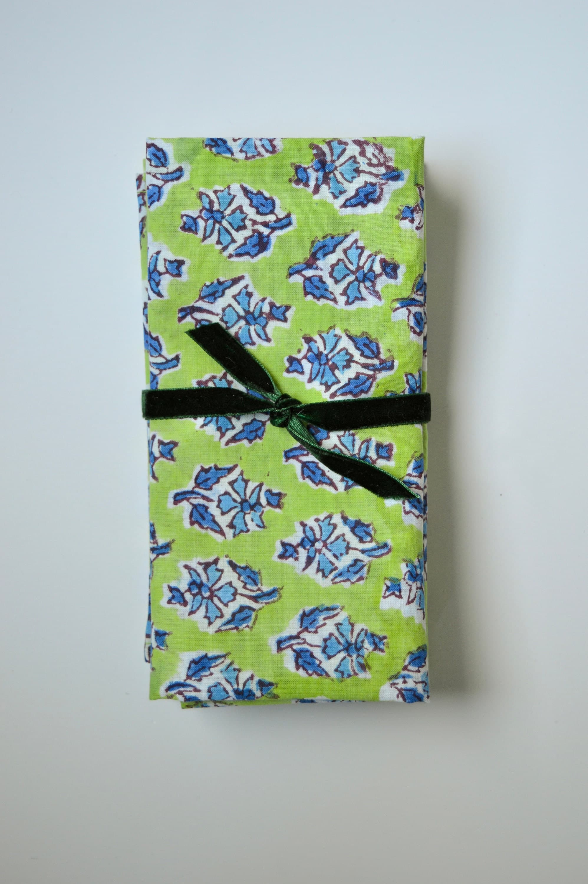 Hand Block Printed Cotton Dinner Napkins, Green Blue Floral, Set of 4 - image 4