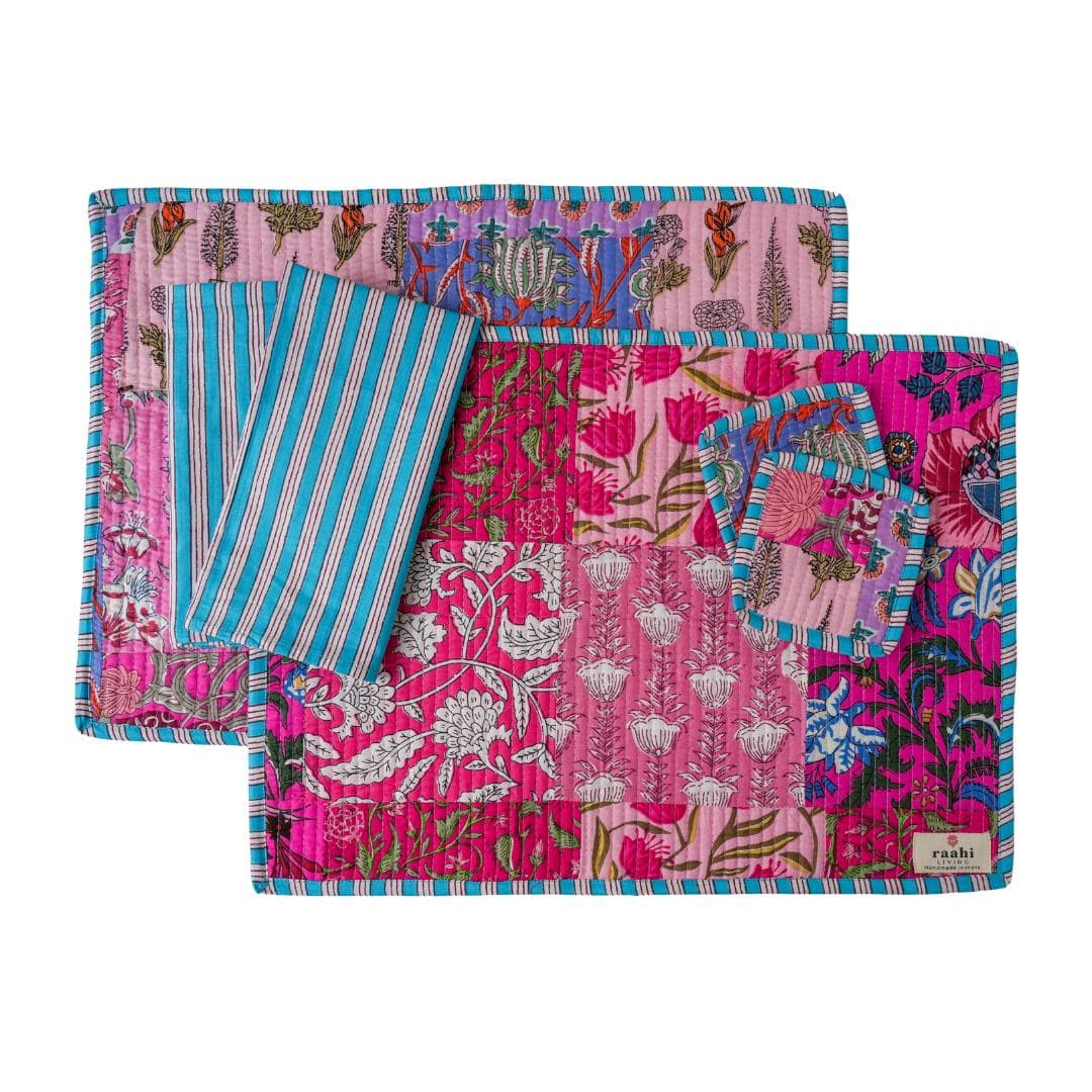Pink Patchwork Reversible Quilted Rectangle Placemat Set | Cotton Table Linens with Napkins & Coasters | Block Printed