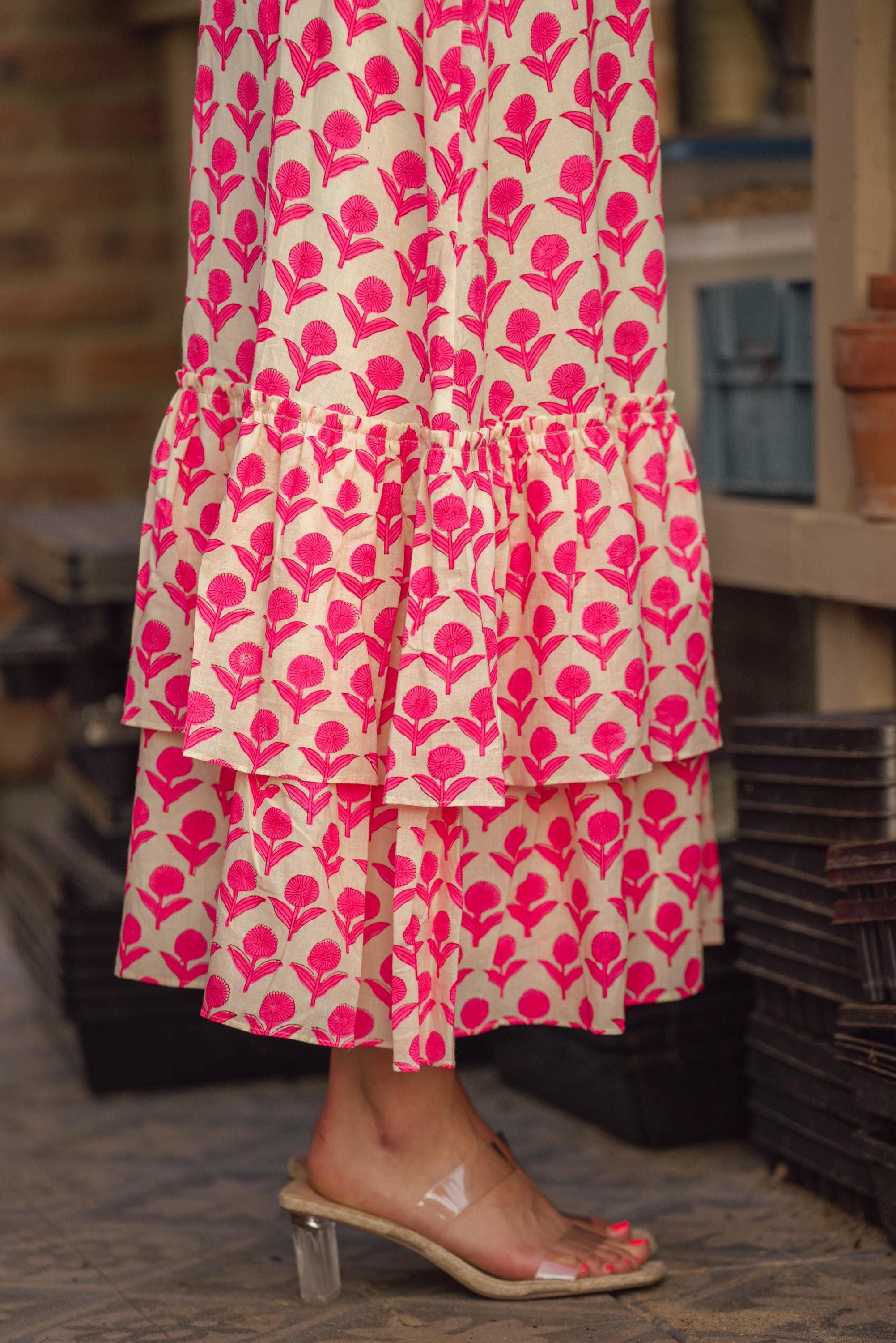 Hand Block Printed Cotton Dress, Boho Halter Sundress Pink Maxi Resort Wear 100% Cotton - image 5