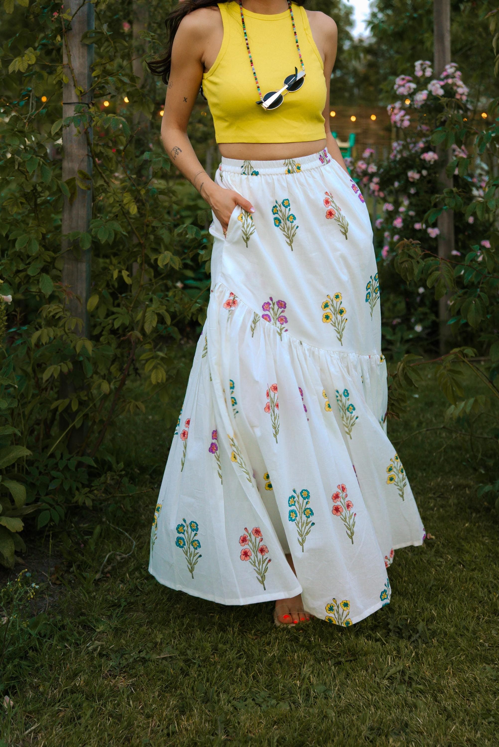 Hand Block Printed Floral Maxi Skirt - Organic Cotton Tiered Sundress - image 3