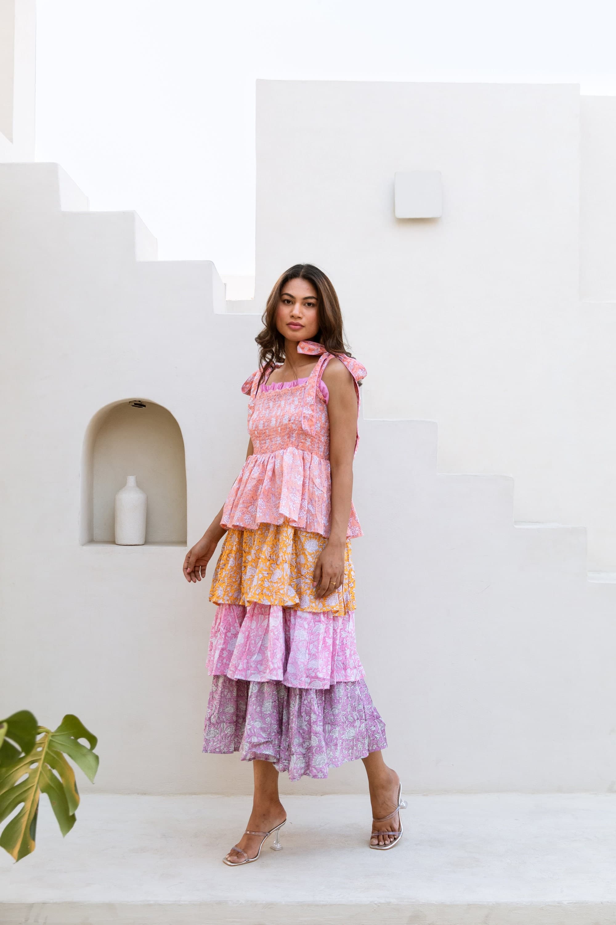 Hand Block Printed Cotton Dress, Tiered Pastel Sun Dress - image 4