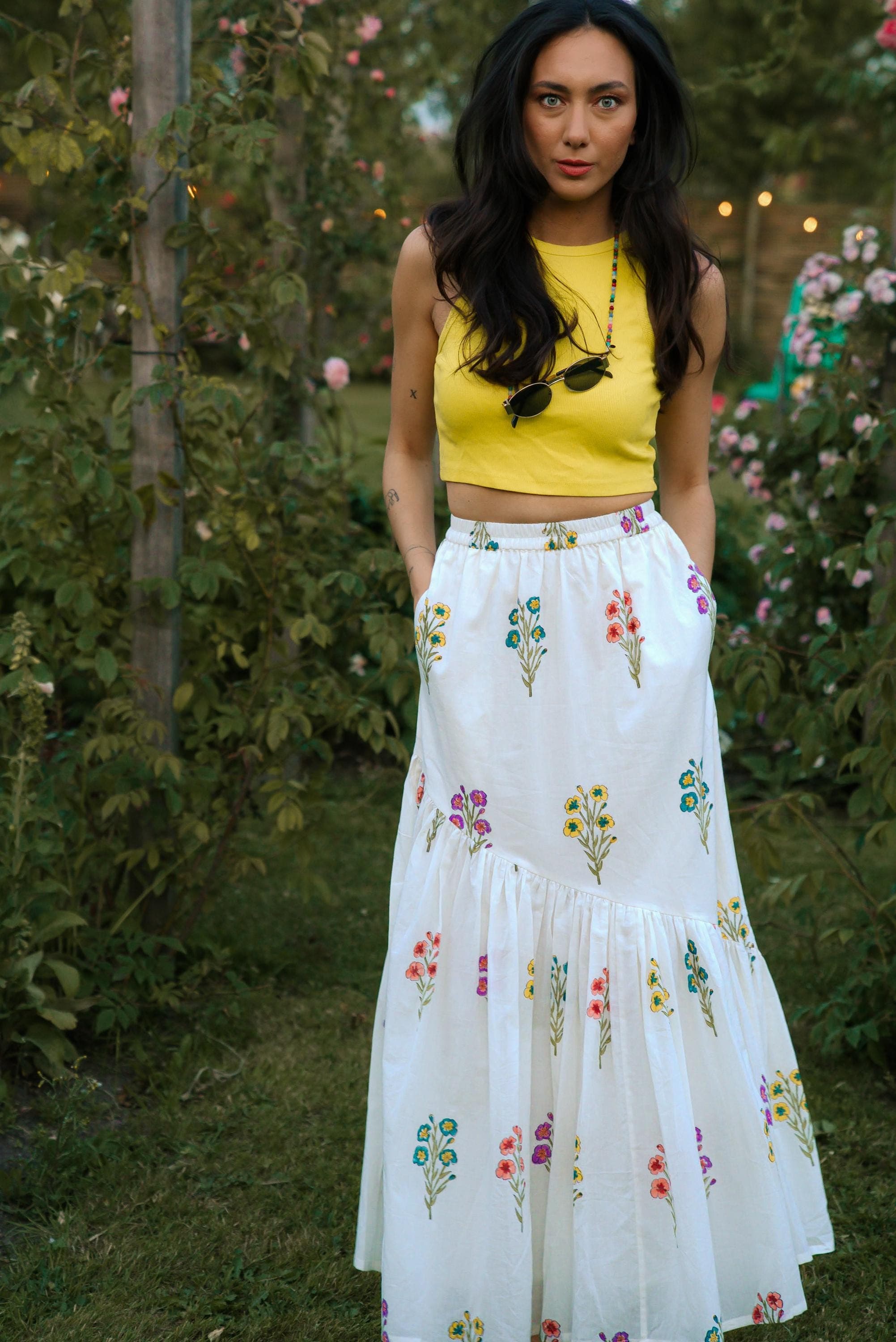 Hand Block Printed Floral Maxi Skirt - Organic Cotton Tiered Sundress