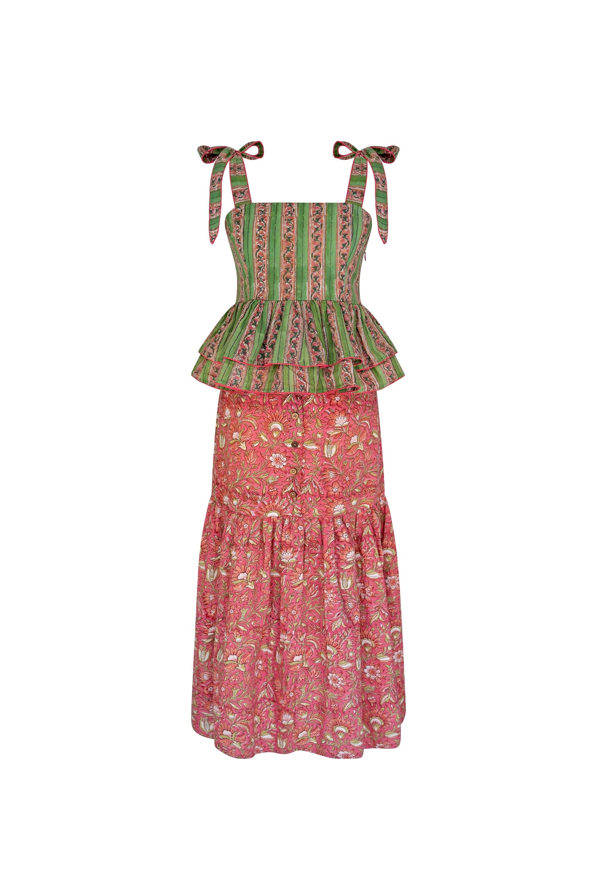 Hand Block Printed Cotton Co-ord Set: Rosewood Floral Peplum Top & Skirt - image 3