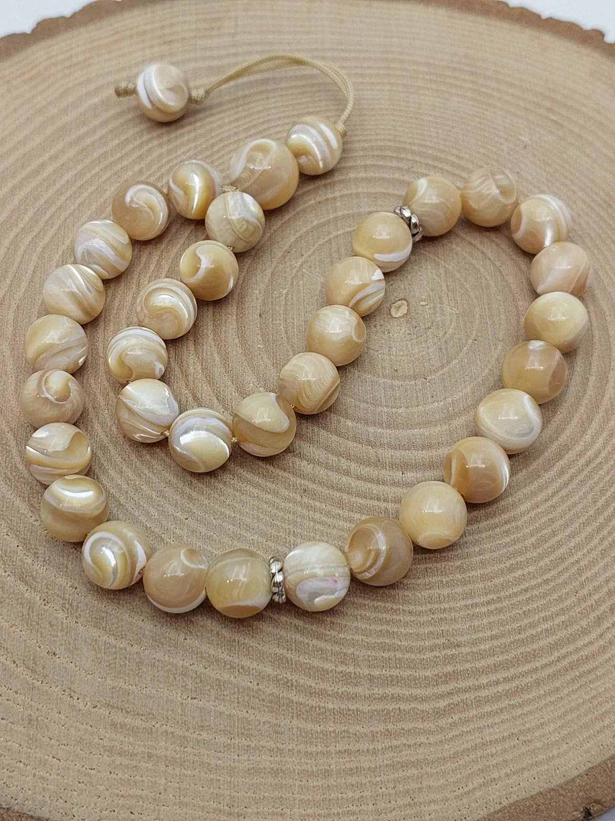 Handmade 33 Beads Caramel Mother of Pearl Tasbih – 8mm Muslim Prayer Beads for Meditation & Gift (14365)