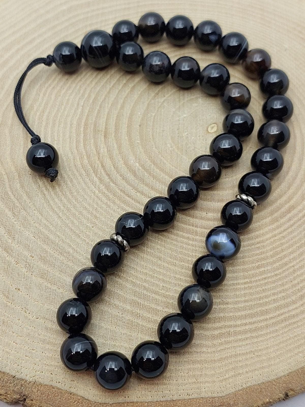 Handmade 33 Beads Black Agate Tasbih – 8mm Muslim Prayer Beads for Meditation & Gift (51330)