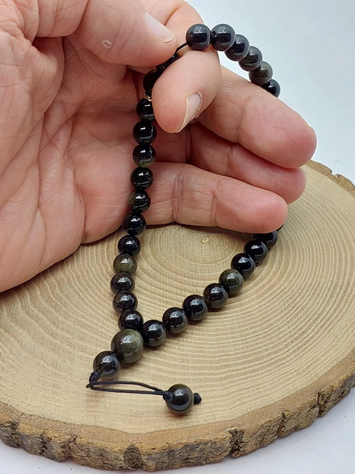 Golden & Siyah Obsidyen Taşı 33lük Özel Tasarım Tesbih 8mm (1250)