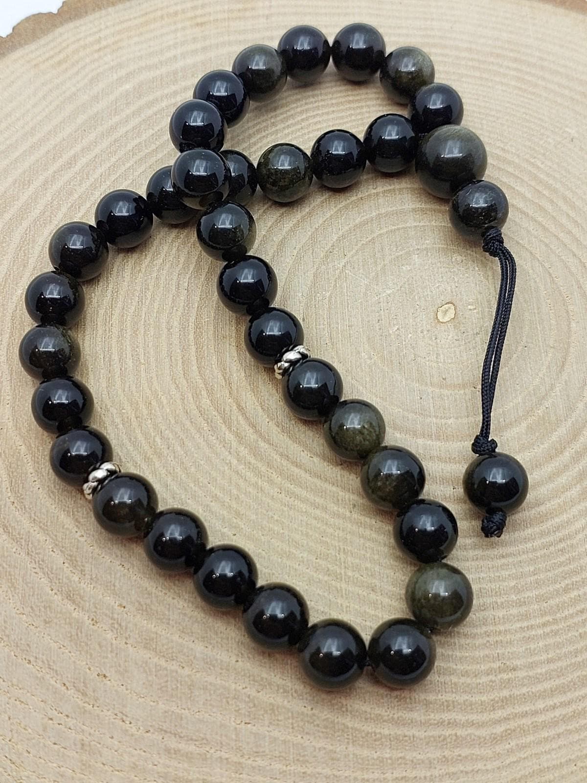 Handmade 33 Beads Golden and Black Obsidian Tasbih – 8mm Muslim Prayer Beads for Meditation & Gift (1250)