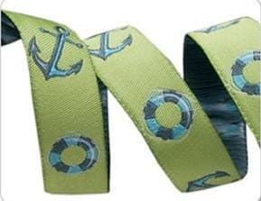 Tula Pink Salt Water Nautical Anchor Green Jacquard Ribbon, 5/8 wide, By the Yard