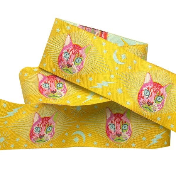 Tula Pink Curiouser, Cheshire Cat, Yellow 1-1/2" Ribbon, By the Yard.