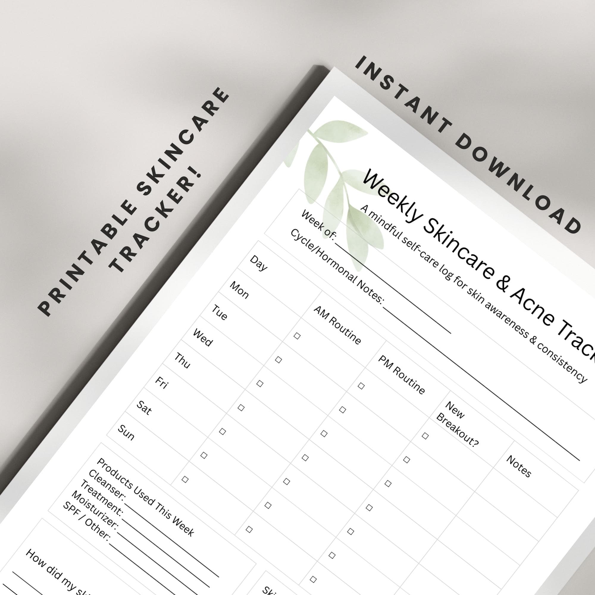 Weekly Skincare Routine Tracker, Acne & Hormonal Skin Log, Self Care Printable, Minimal Planner, beauty planner